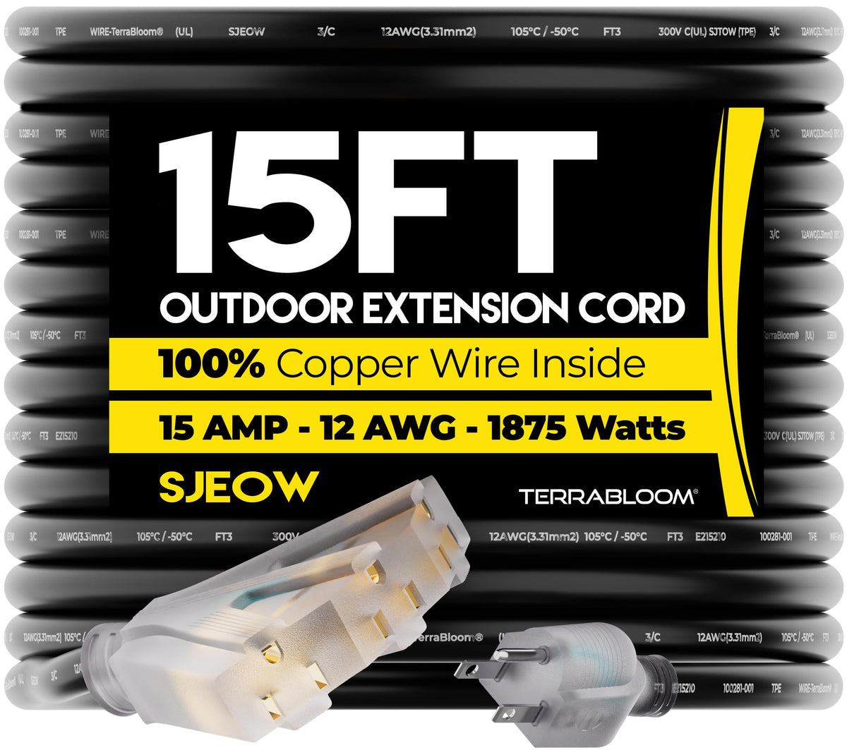 Terrabloom 12/3 Heavy Duty Extension Cord 15 Ft Outdoor   Black Outdoor Extension Cord Multiple Outlet   Ultra Flexible Sjeow Ru