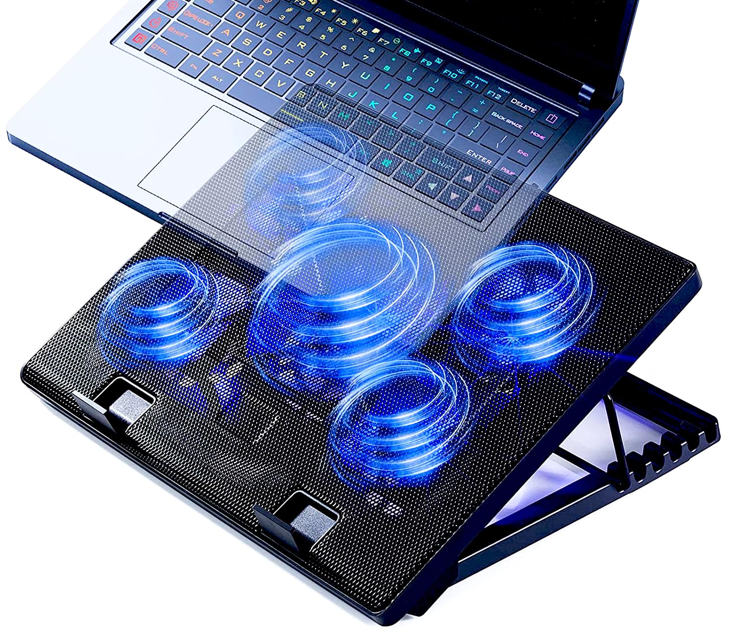 Kerolffu Laptop Cooling Pad 17Inch 15.6 14 13 12Inch Gaming Cooler Pad Chill Mat 5 Quiet Fans Led Lights And 2 Usb 2.0 Ports Adj
