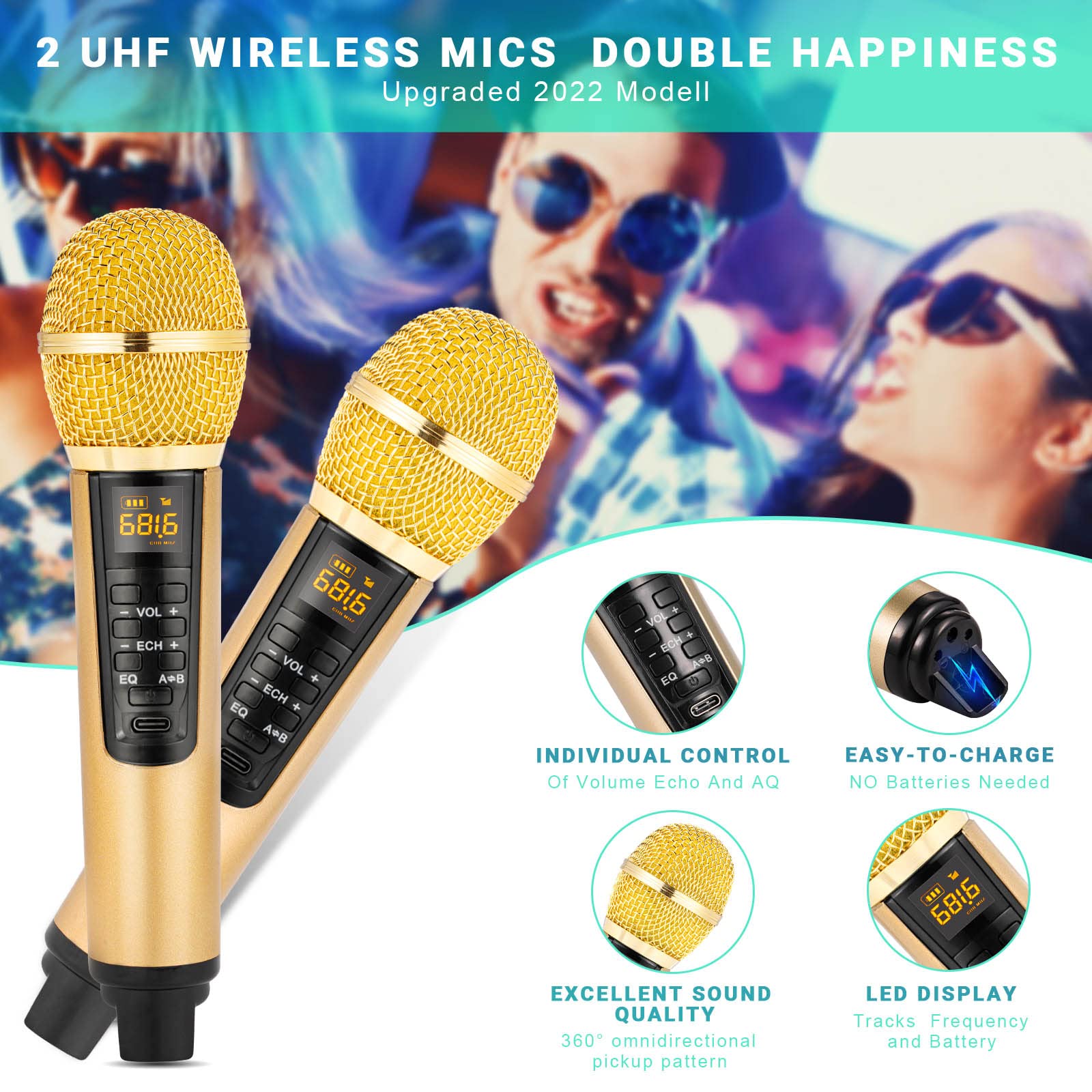 Karaoke Machine For Adults And Kids,Portable Bluetooth 2 Wireless Karaoke Microphone With Holder/Usb/Tf Card/Aux-In, Pa Speaker