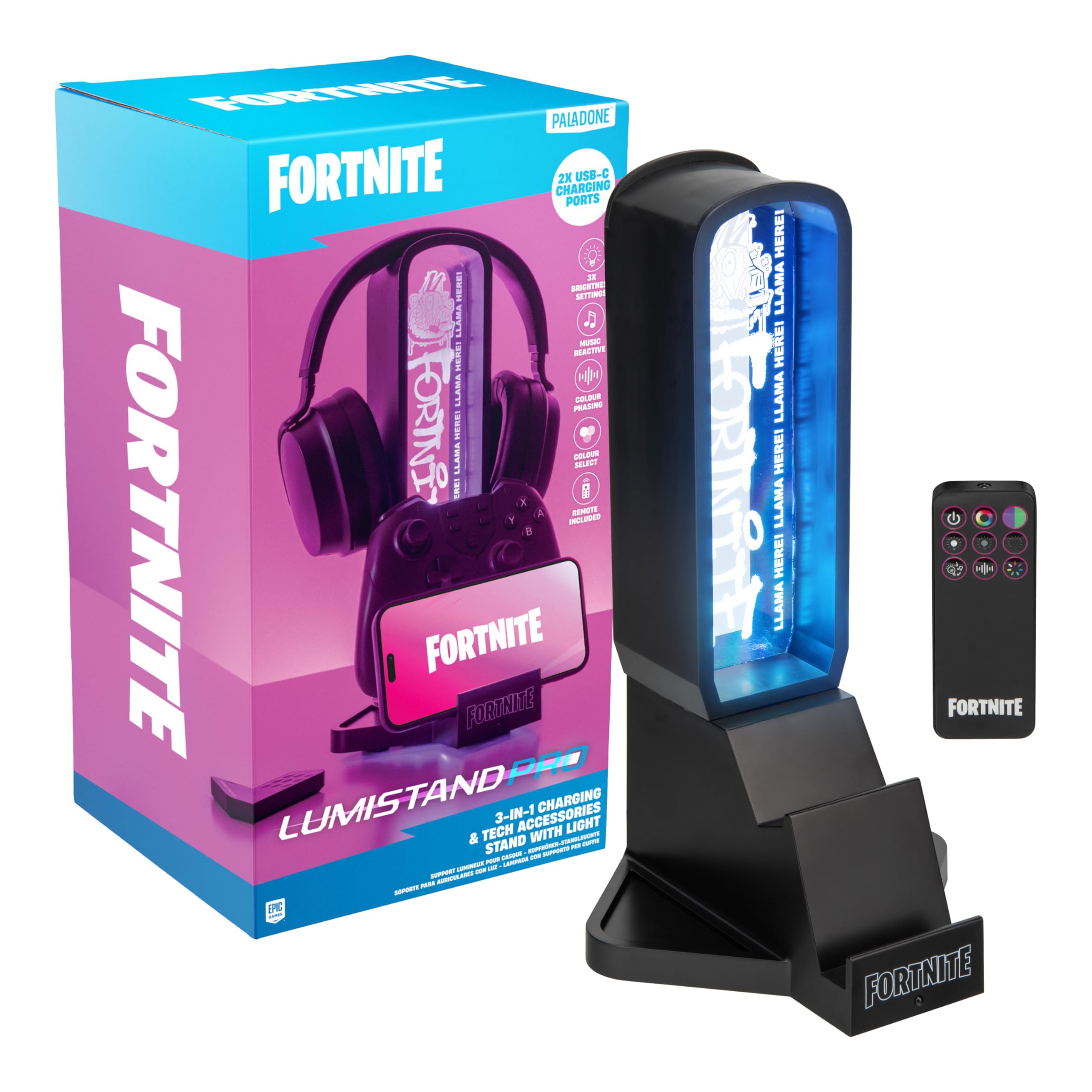 Paladone Fortnite 3-in-1 Headphone Stand and Tech Charging Station with Console Controller Cradle and 2 USB-C Ports, RGB Colour