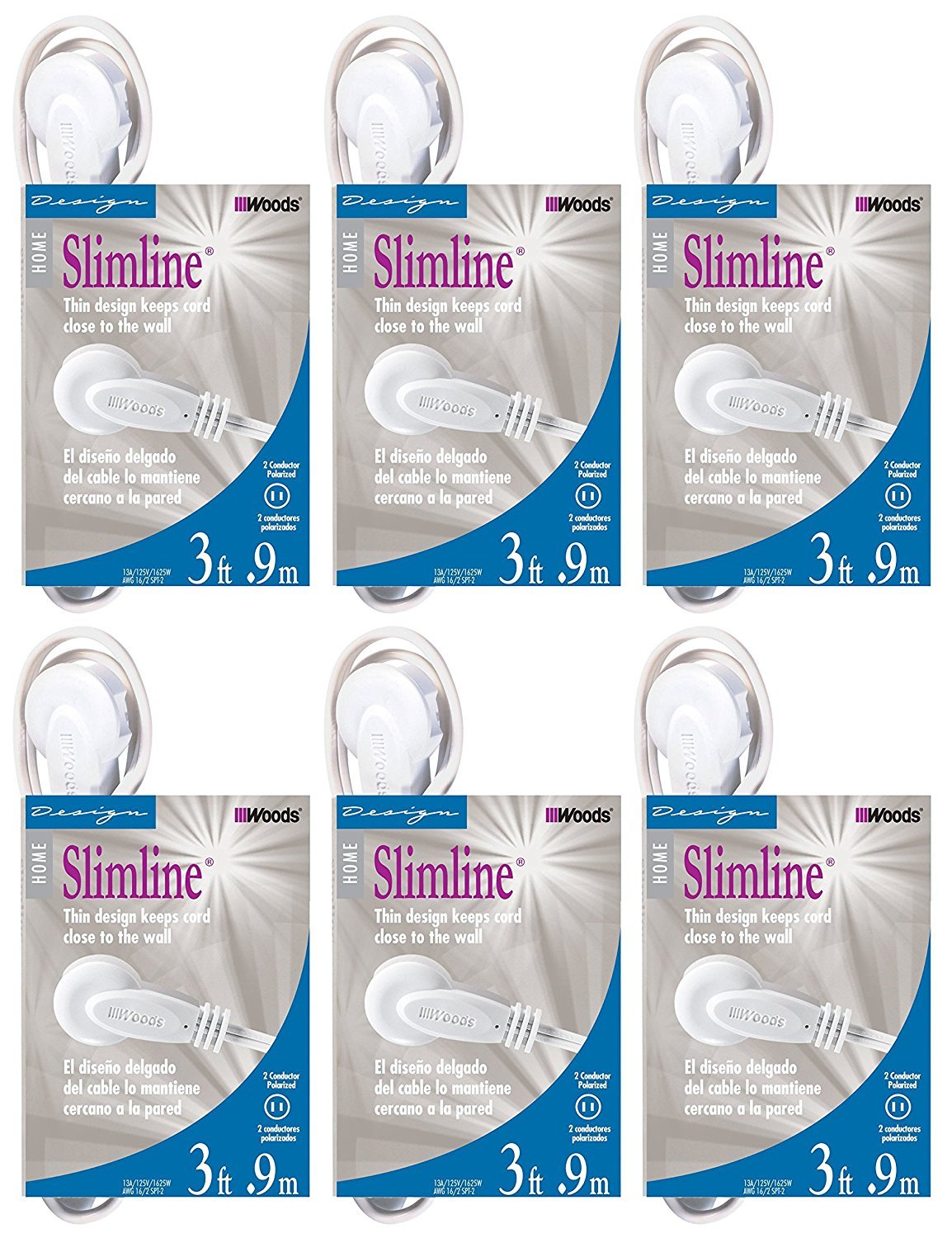 6 Pack   Slimline 2235 Flat Plug Extension Cord, 2 Wire, White, 3 Foot