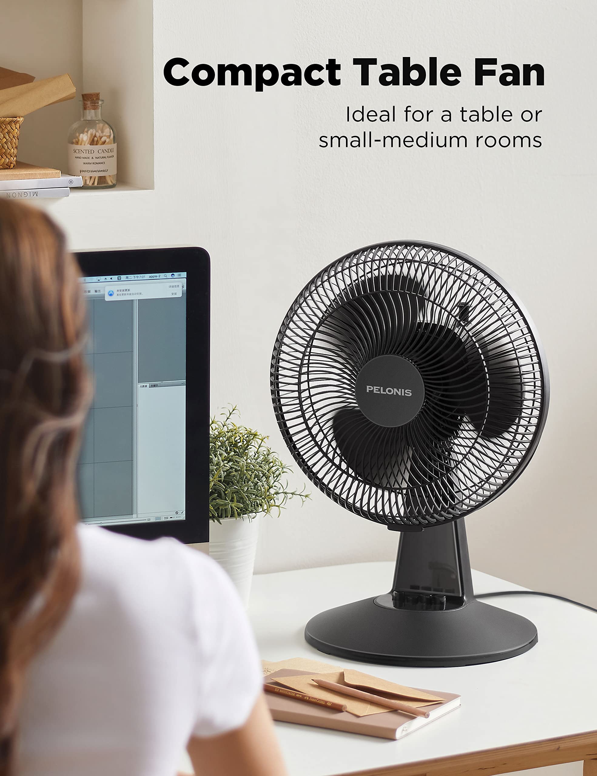 Pelonis Table Fan 12 Inch, 120 Oscillating Table Fan Small Portable Electric Plug In Desk Fan With 3 Speeds, 126 Adjustable Tilt