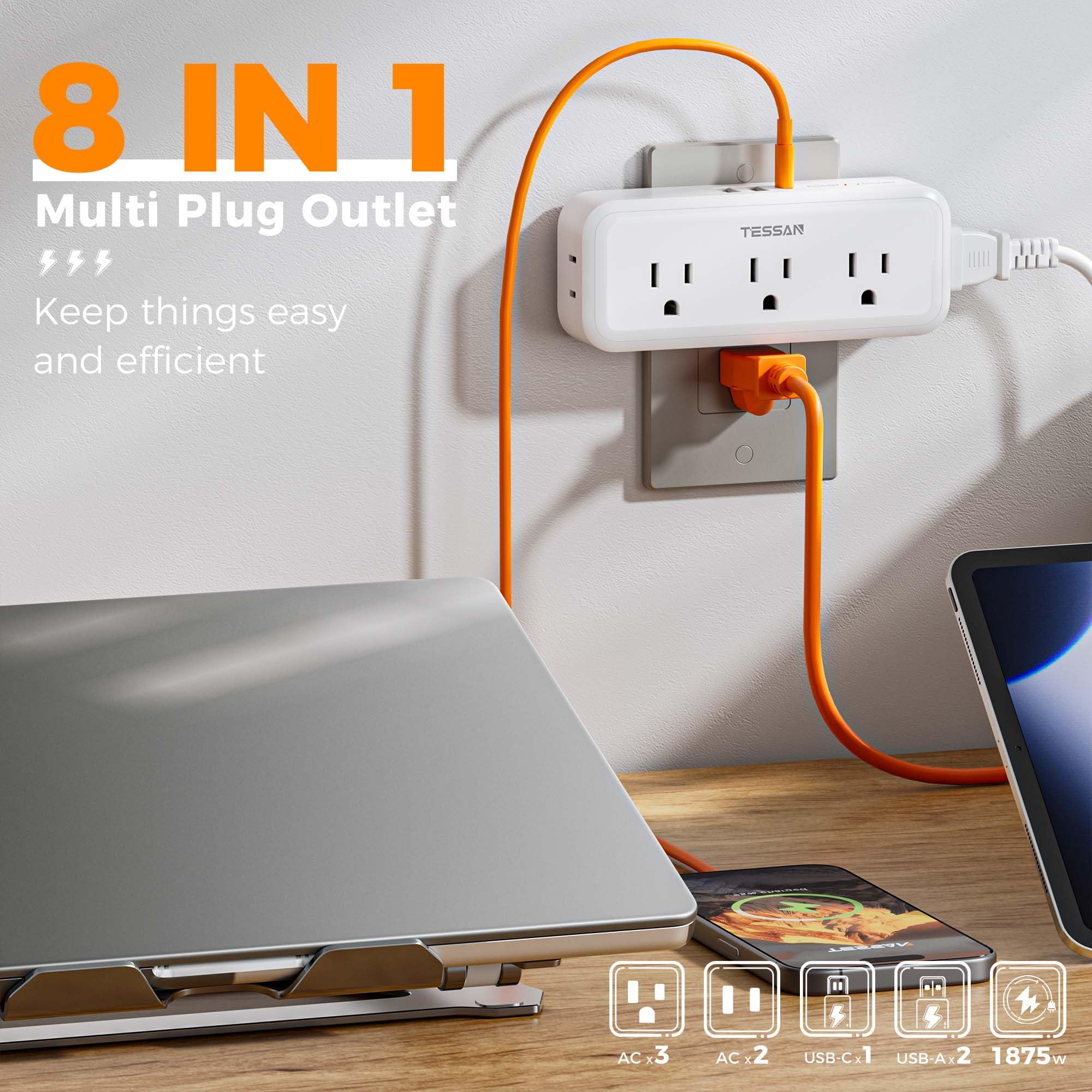 Multi Plug Outlet Splitter, Tessan Surge Protector Outlet Extender With 5 Outlets And 3 Usb (1 Usb C), 3 Way Multiple Plug Expan