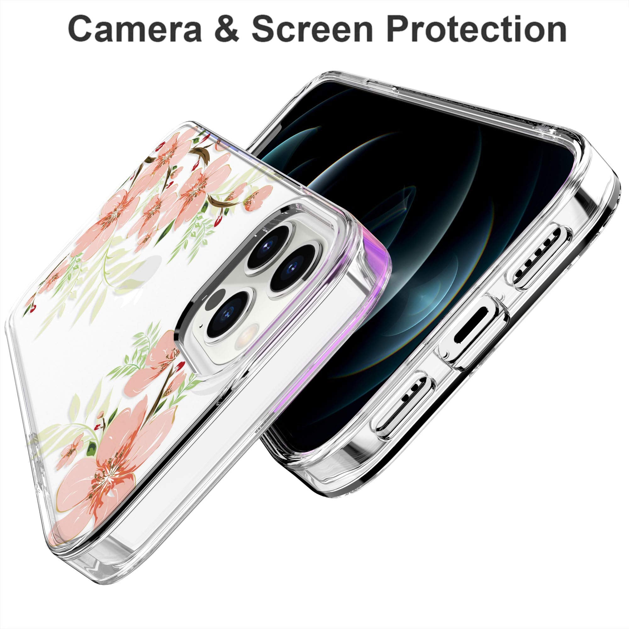 Baisrke Compatible With Iphone 12 Case,Iphone 12 Pro Case With Flowers,For Girly Women,Shockproof Floral Pattern Hard Back Cover