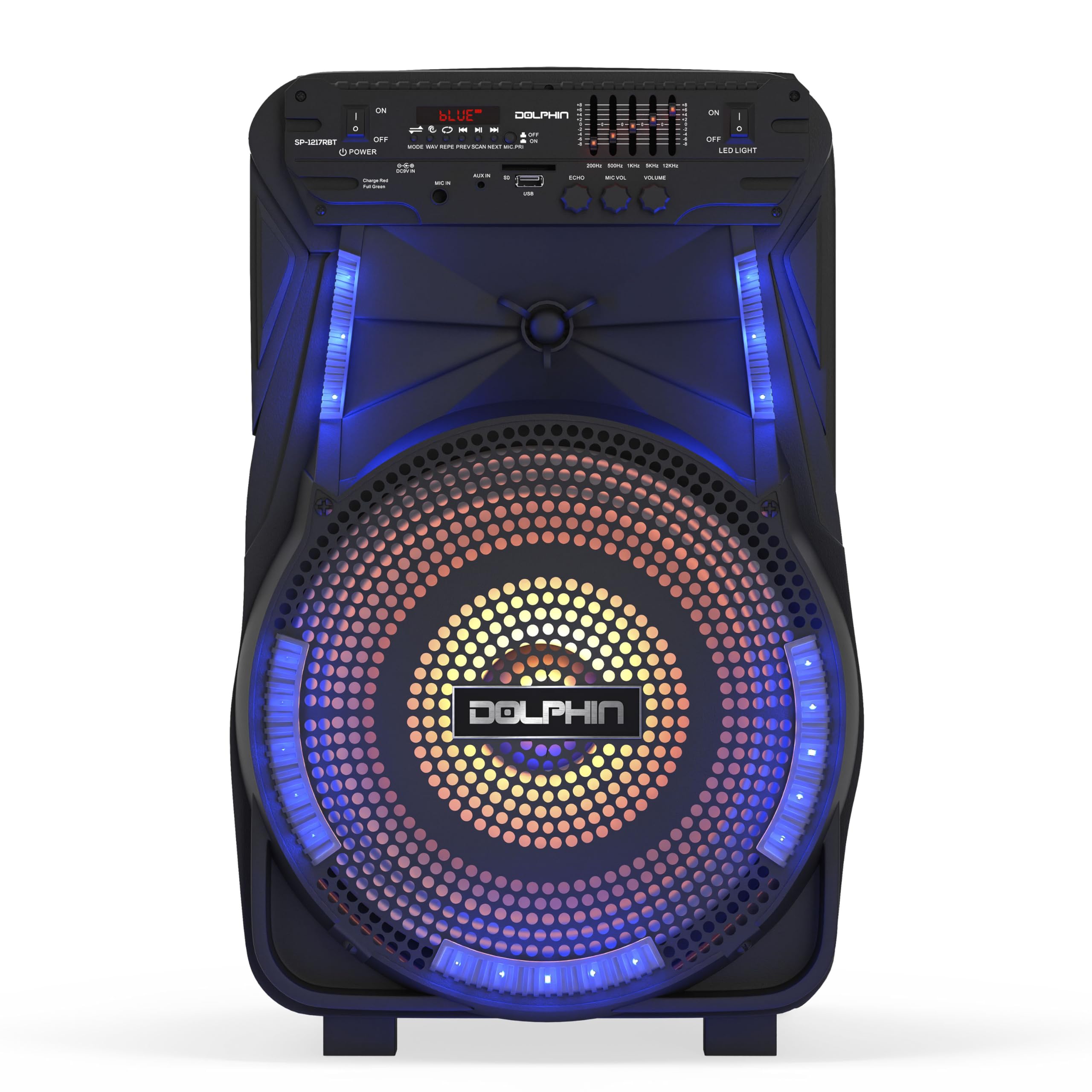 Dolphin 12 Inch Rechargeable Bluetooth Party Speaker � High Power Sound, Tws Compatibility, Led Lights, 5 Band Equalizer, Portable Design With Trolley And Wheels