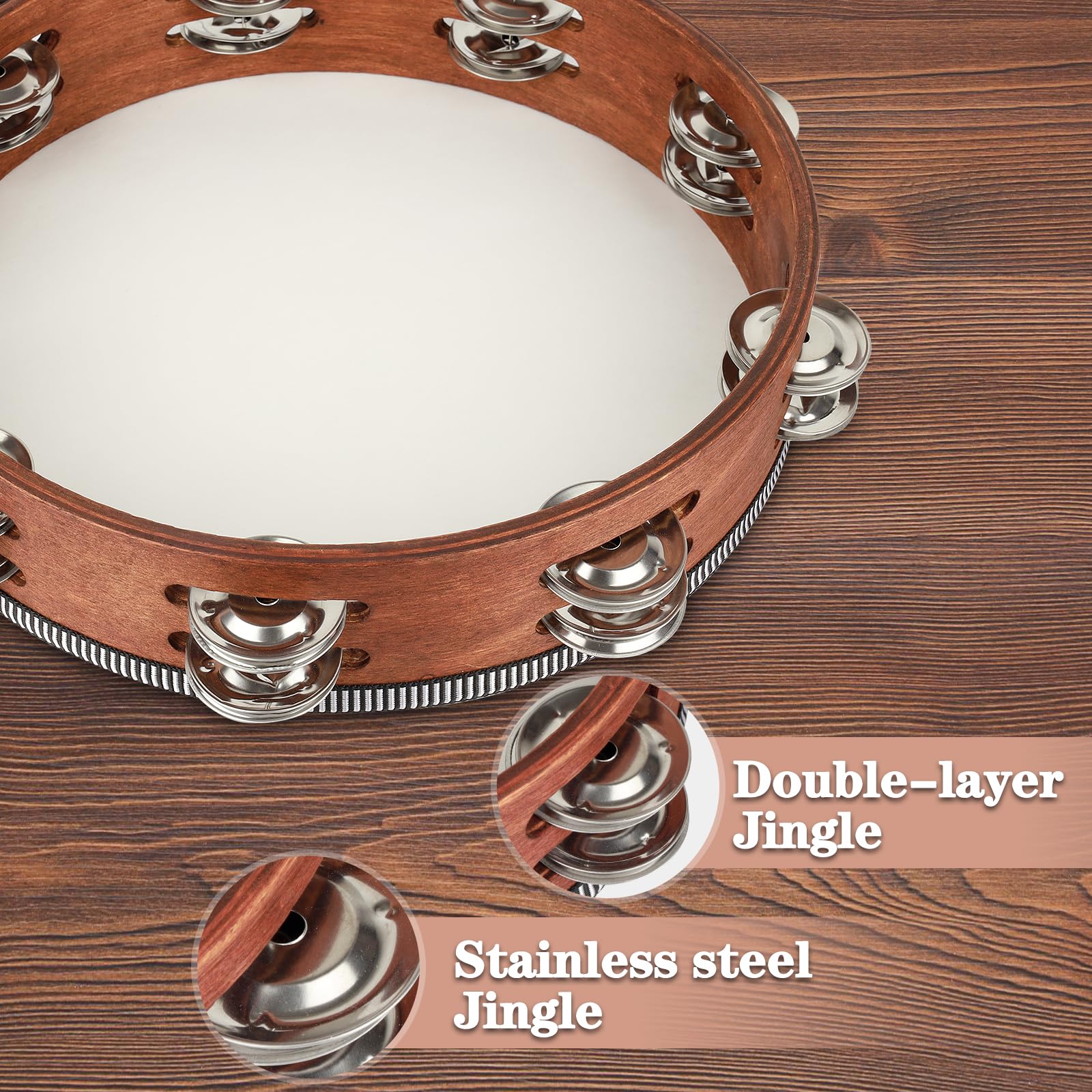 Tambourine, Tambourines For Adults, 10 Inches Wooden Hand Held Percussion Tambourine With Storage Bag, Tambourines Musical Instr