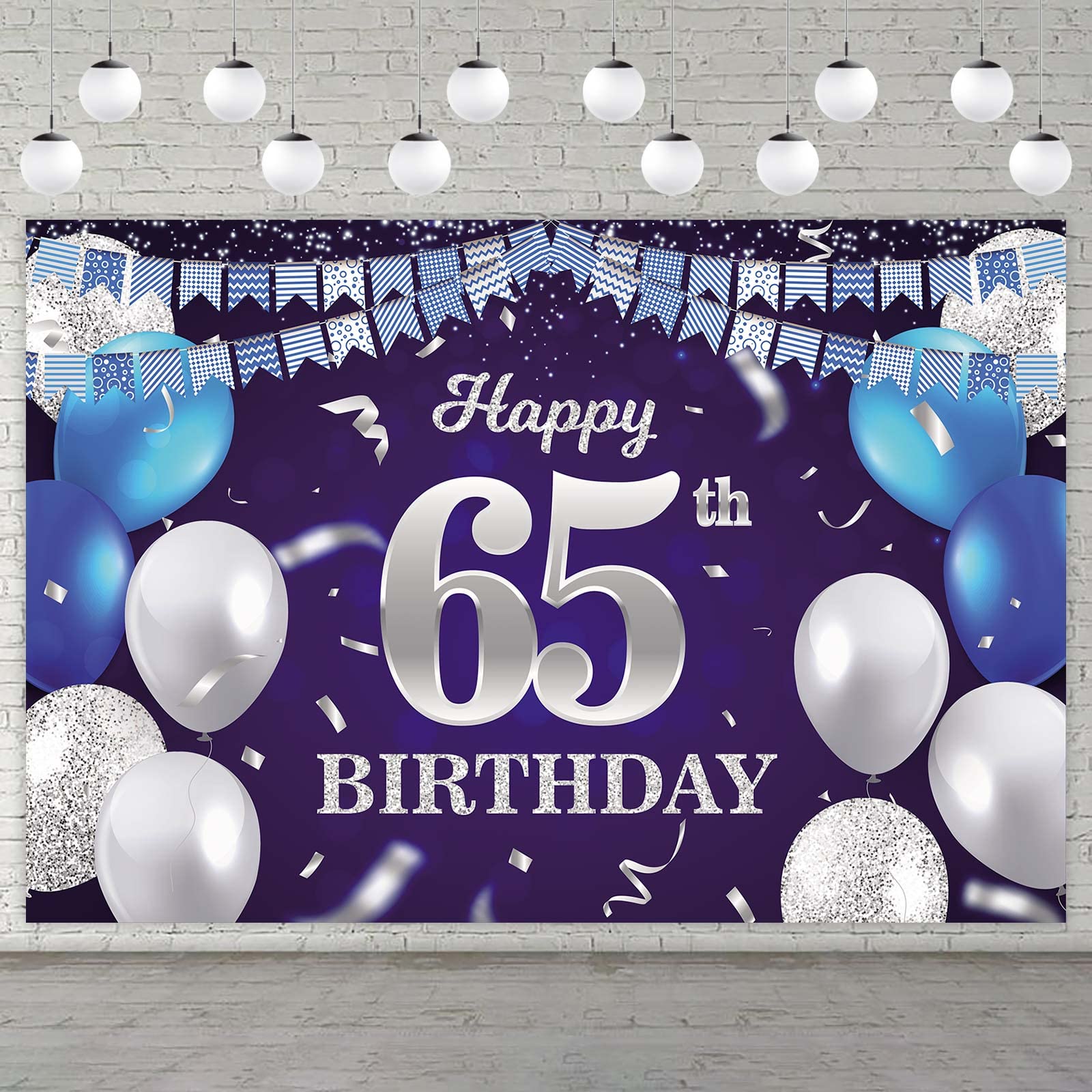 Happy 65Th Birthday Banner Backdrop Navy Blue Balloons Confetti Stripe Flag Light Spots Cheers To 65 Years Old Theme Decorations