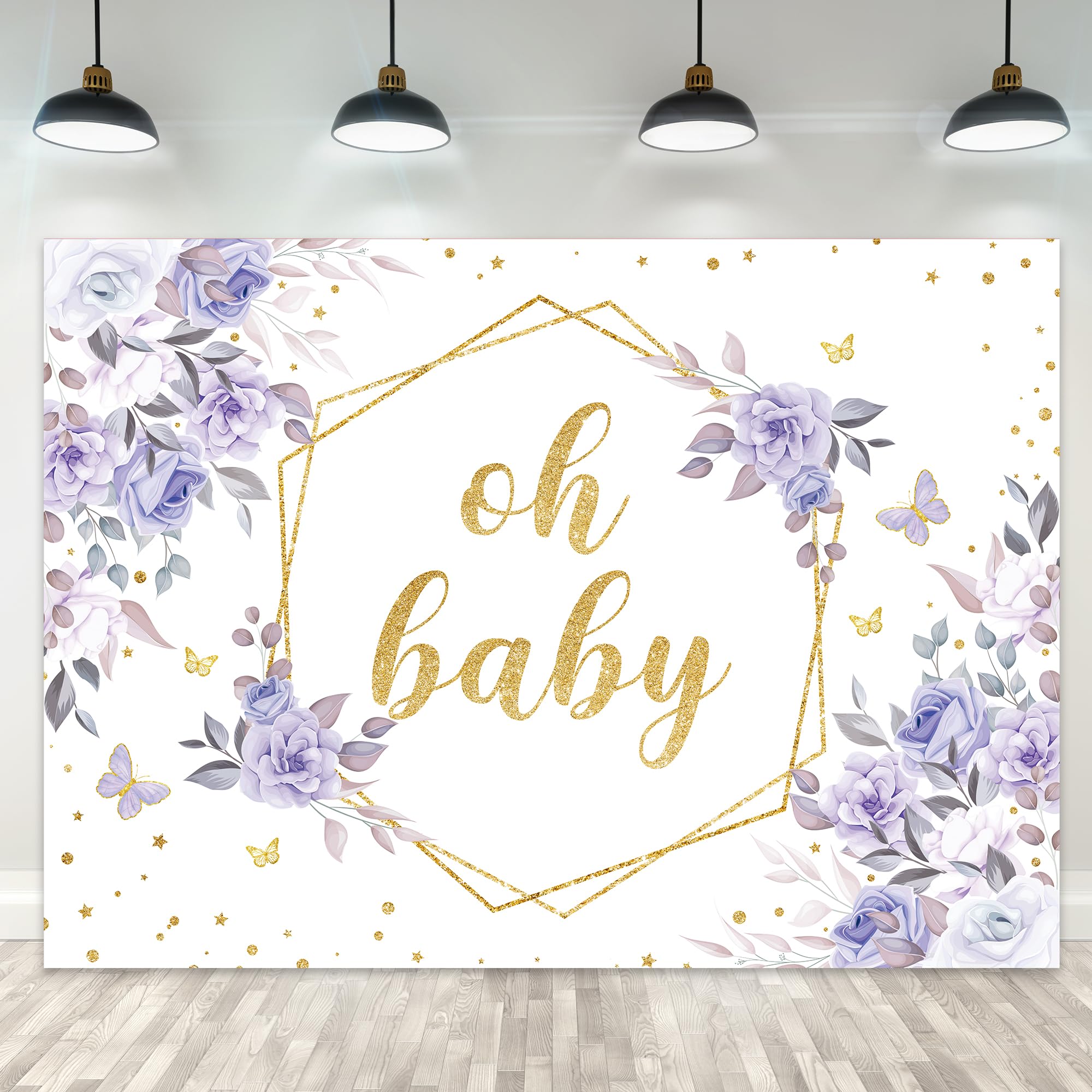 Riyidecor Purple Floral Butterfly Oh Baby Backdrop Baby Shower 7Wx5H Feet Polyester Fabric Lilac Flowers Girls Princess Newborn