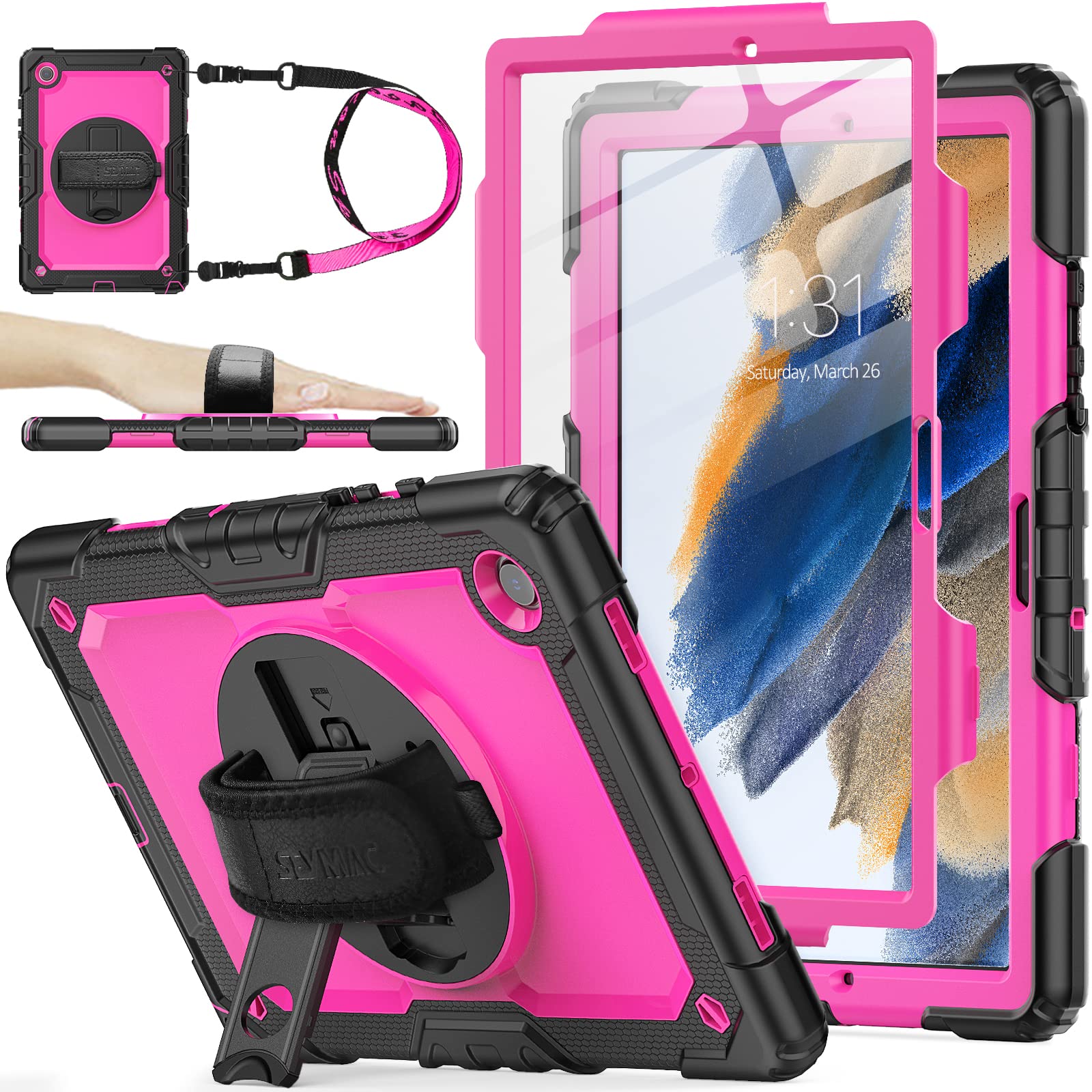 Seymac Stock 360 Hand Strap Shockproof Case For Samsung Galaxy Tab A8 10.5 Inch, Pink+Black