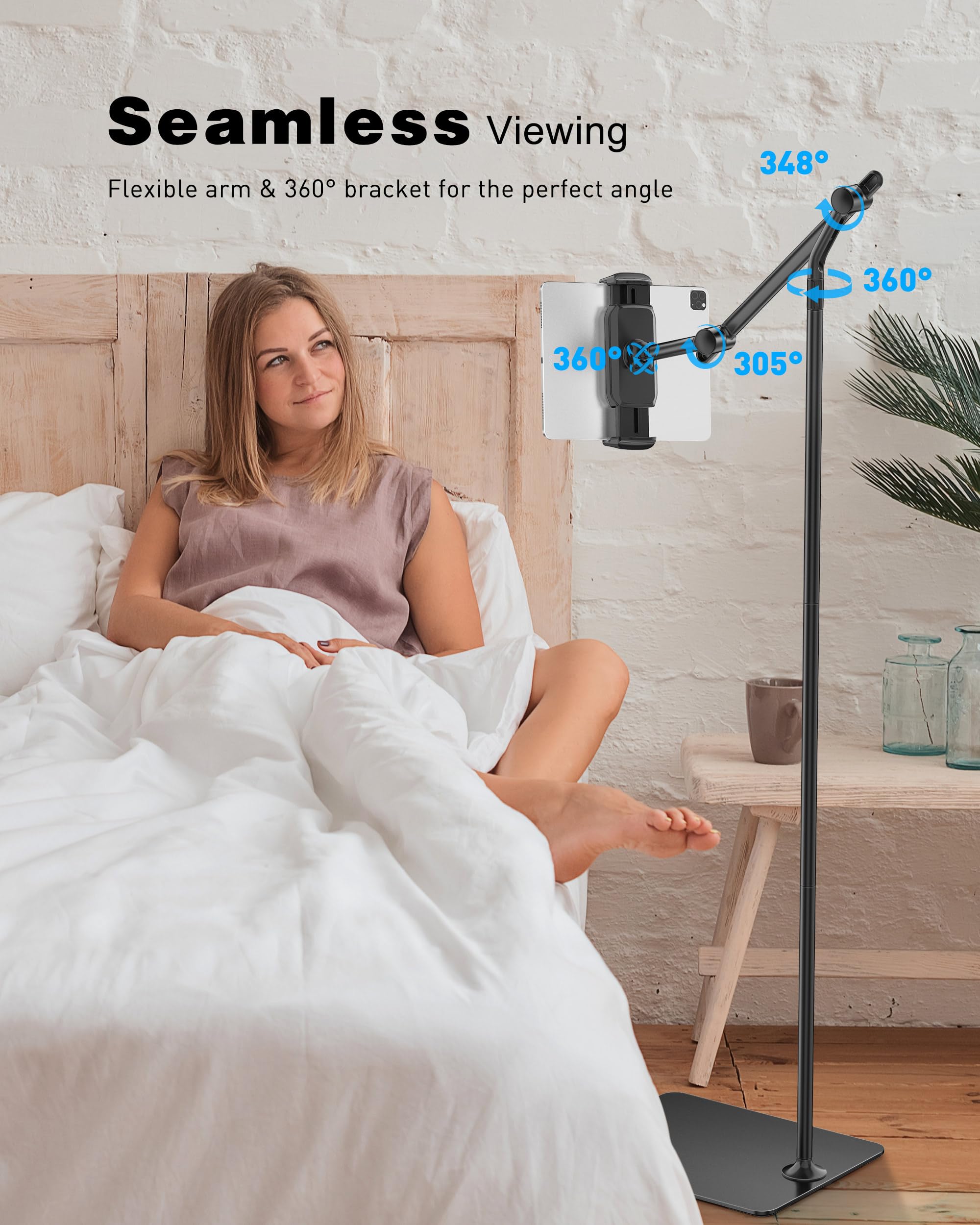 AboveTEK Tablet Floor Stand, Stylish Adjustable iPad Floor Stand, Aluminum 360� Rotation Tablet & Phone Holder for Sofa Bed, Compatible w/ 4.7' 13.5' iPhones, iPad Pro Air Mini 12.9, Tablets, Kindles