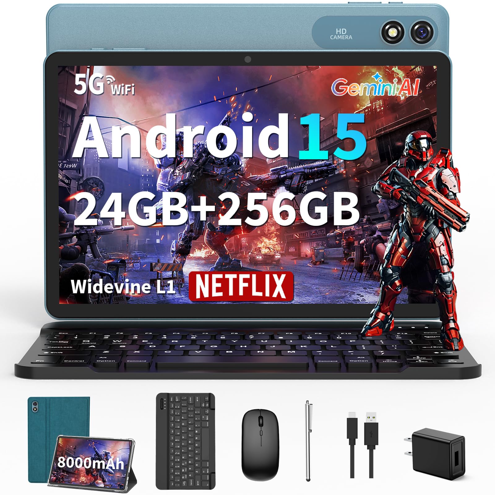 Tablet with Keyboard - 24GB RAM+256GB ROM(2TB Expand), Android 15 Tablet with Octa Core, 5G/2.4G WiFi, 8000mAh, BT V5.0, with Ca