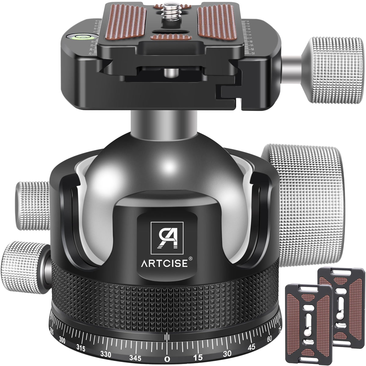 55Mm Low Profile Ball Head Tripod Ball Head Artcise Kb55 Heavy Duty Tripod Head All Metal Cnc Machining With Three 1/4' Quick Release Plates For Tripod, Monopod, Dslr, Camcorder, Max Load 88Lbs /40Kg