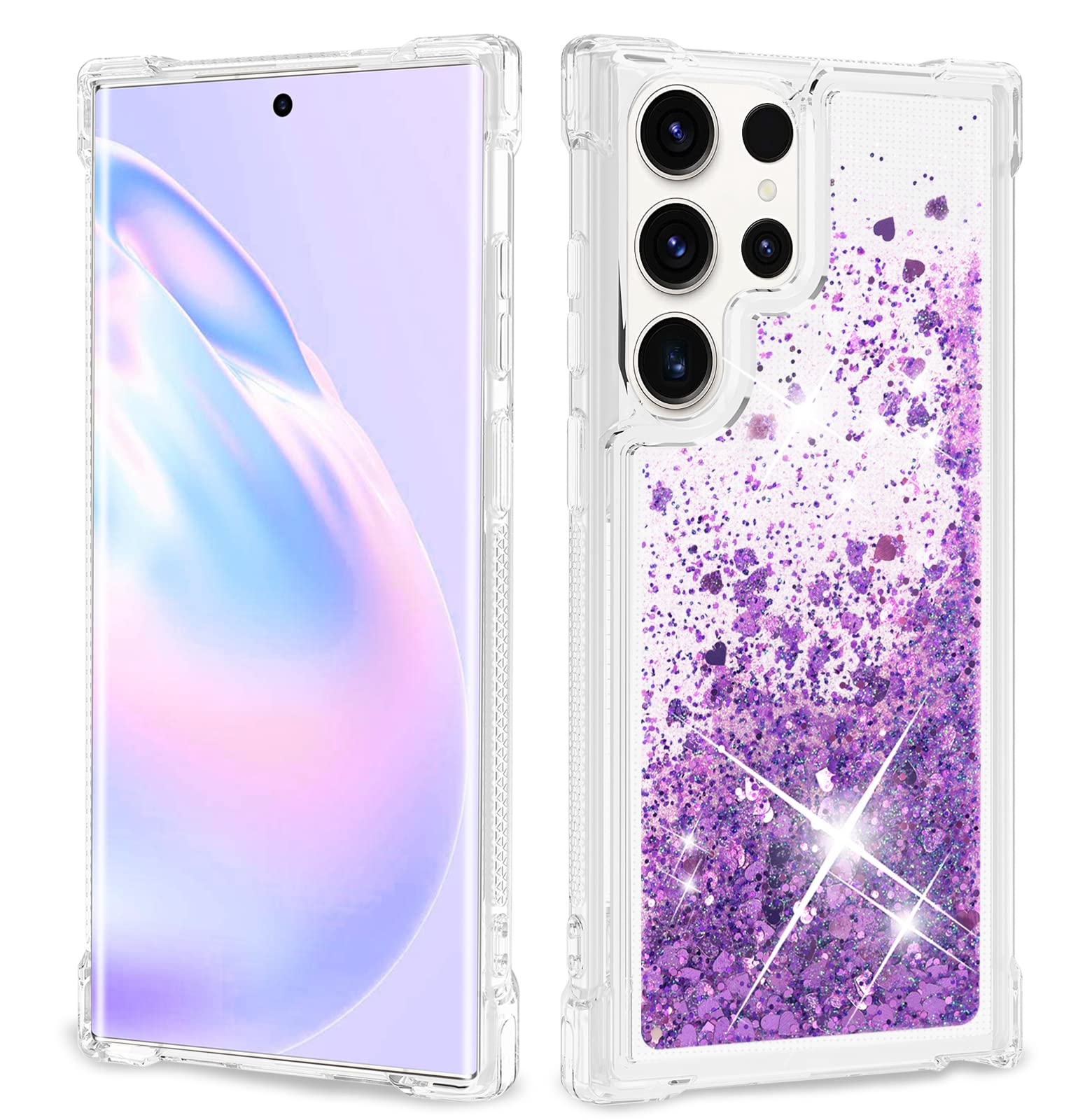 Anshow For Samsung Galaxy S23 Ultra 5G Case Glitter, Shockproof Clear Tpu Case For Galaxy S23 Ultra Case, Bling Purple Glitters
