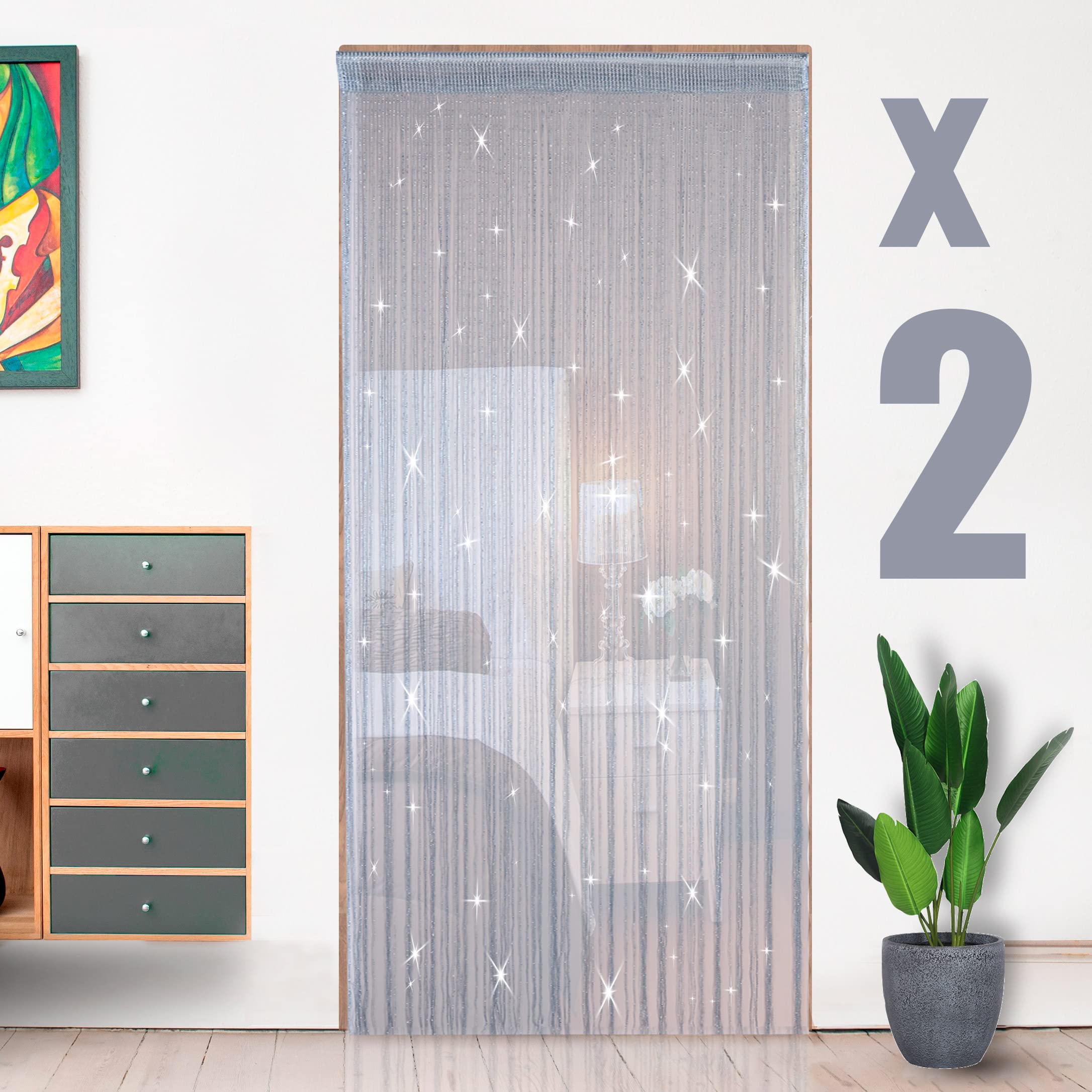 Vagasi 2 Pack Glitter String Curtains 39x79 Inch Fringe Panels Room Divider Fly Screen for Home D  cor Door Windows Wedding Part