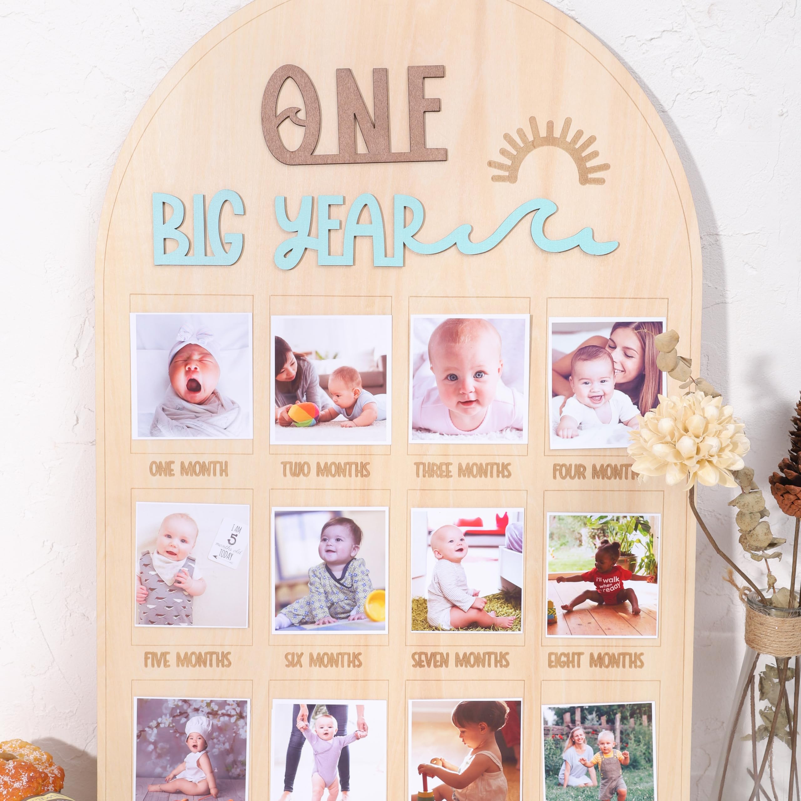 Agkvw The Big One Surf One Year Old Photo Board   My First Year Photo Display Wood Board, Wave Theme Monthly Milestone Photo Boa