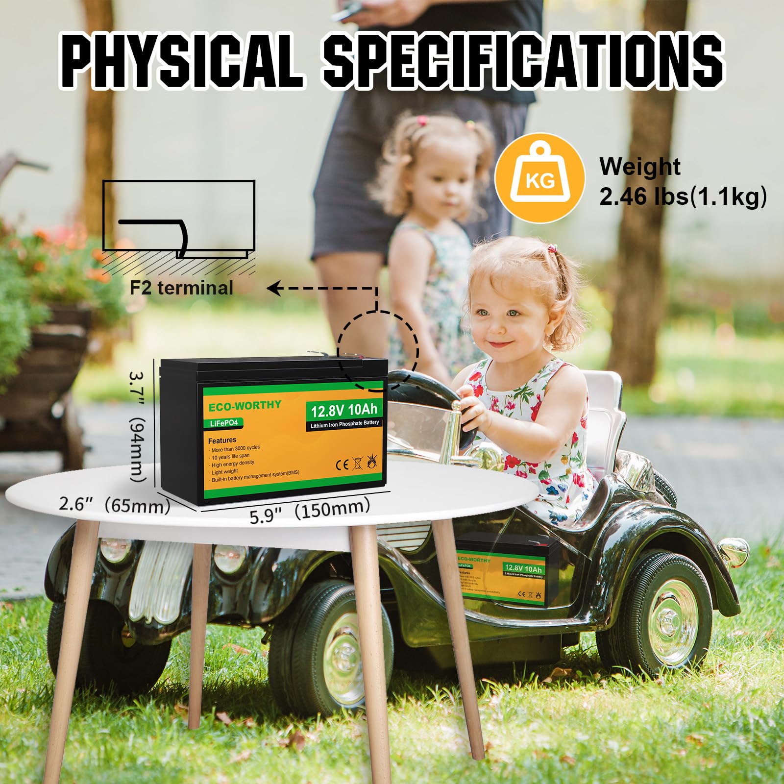 Eco-Worthy 2 Pack 12V 10Ah Lifepo4 Lithium Battery, 3000+ Deep Cycle Rechargeable Battery, Perfect For Kids Power Wheels, Ups, L