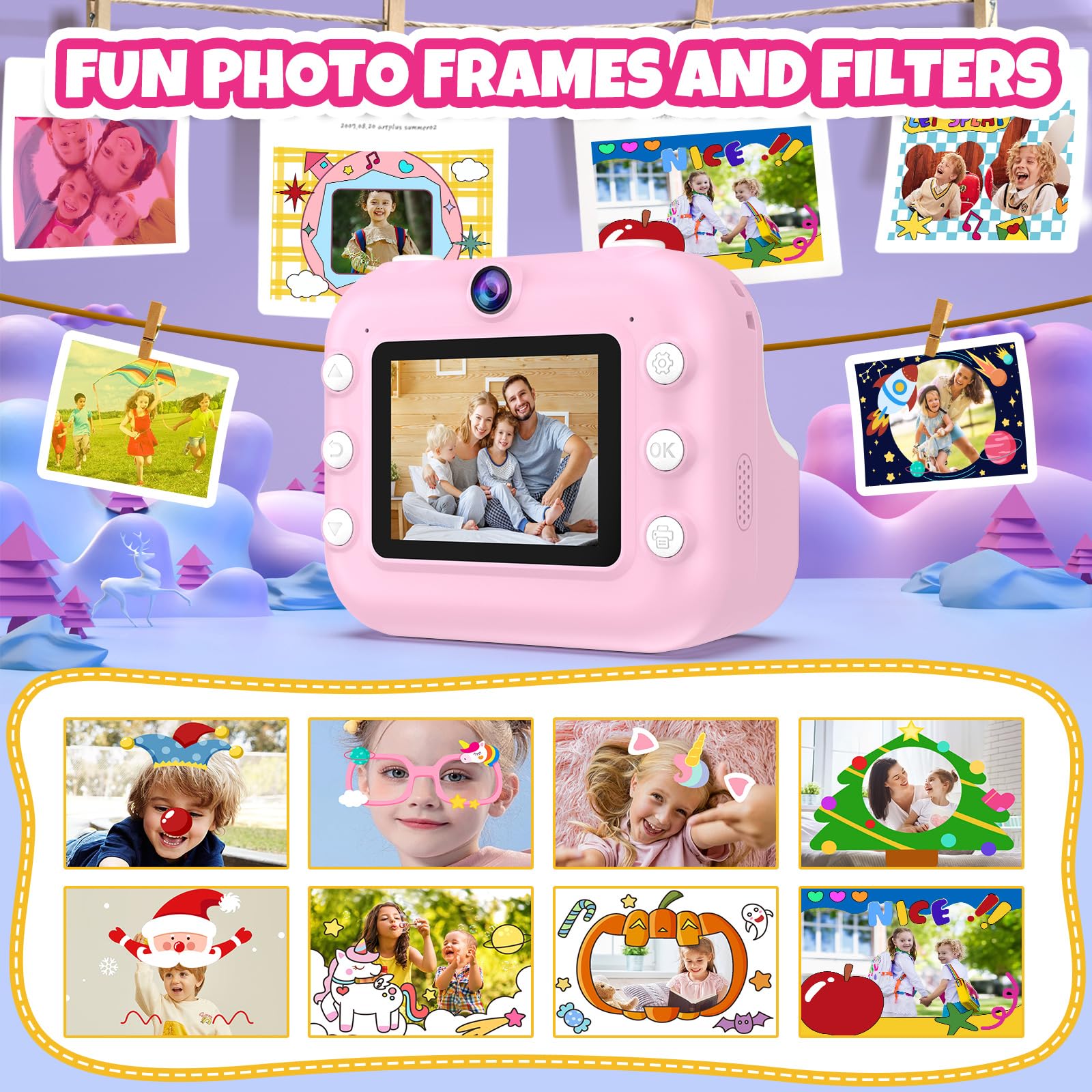 Kids Camera Instant Print,1080P Hd Instant Photo Camera Christmas Birthday Gifts For Girls Age 3 12,Toddler Camera Toys For 3 4