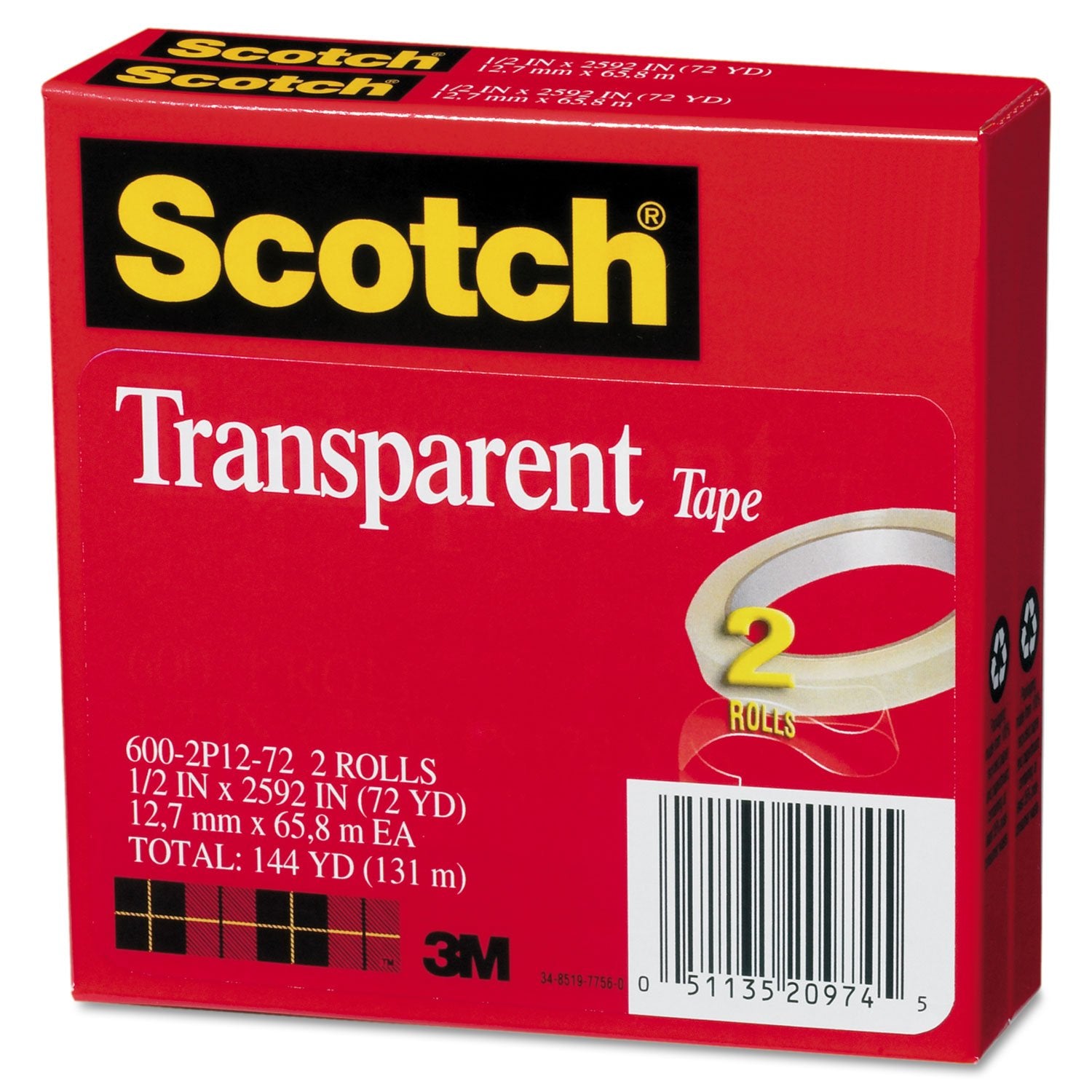 Scotch 6002P1272 Transparent Tape, 3 Inch Core, 1/2 Inch X2592 Inch, 2/Pk