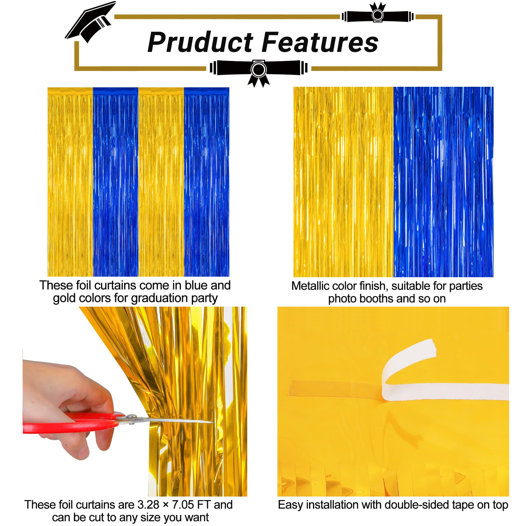2 Pack Graduation Backdrop, 3.28 Ft X 7.05 Ft Class Of 2025 Decorations, Blue Gold Fringe Curtains Tinsel Backdrop Party Streame