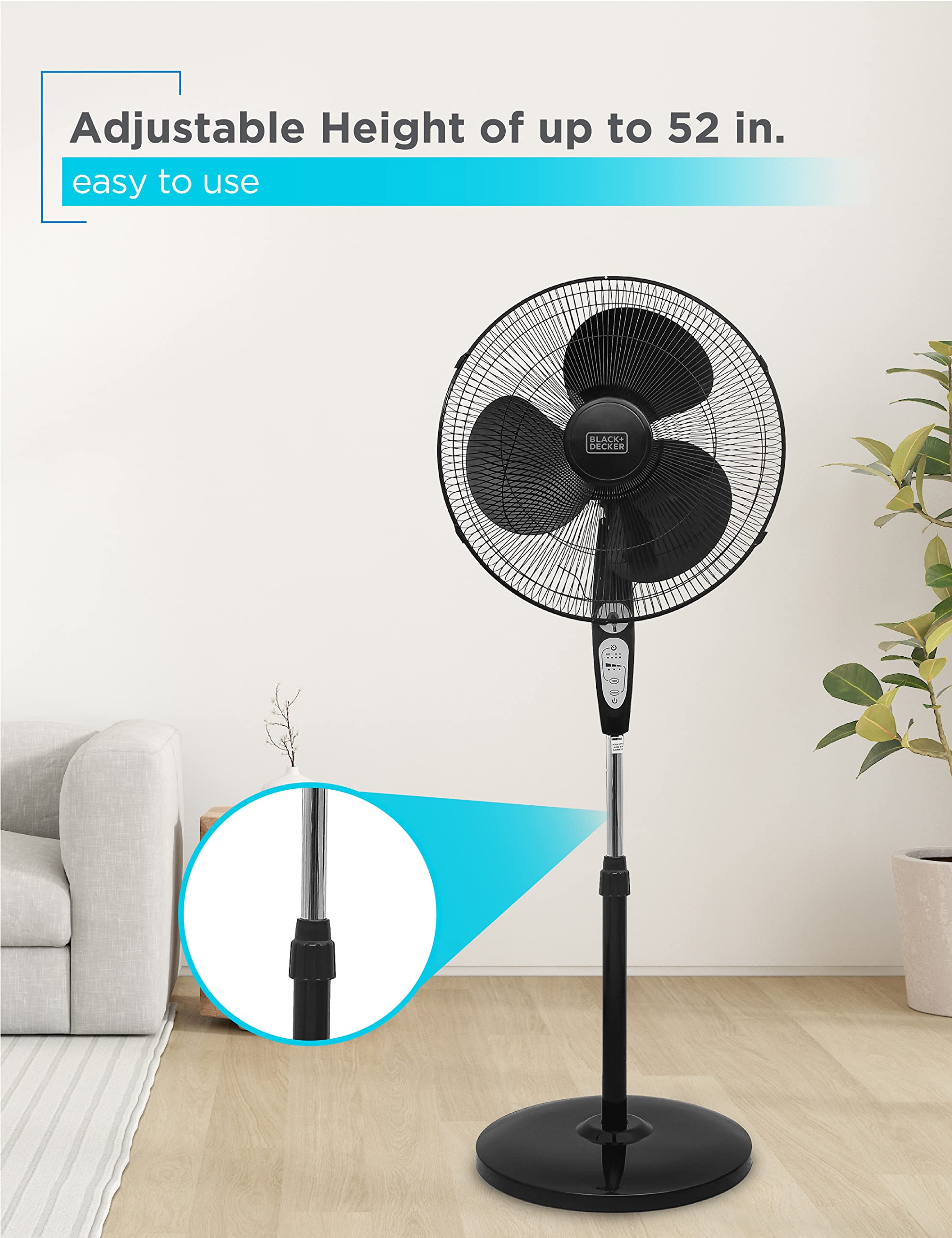 Black+Decker 18 Inch Stand Fan With Pedestal Base, Height Adjustable Pedestal Fan With Remote And Touch Control Panel, Free Standing Fan With 90 Degree Oscillating And 3 Speed Settings, Black