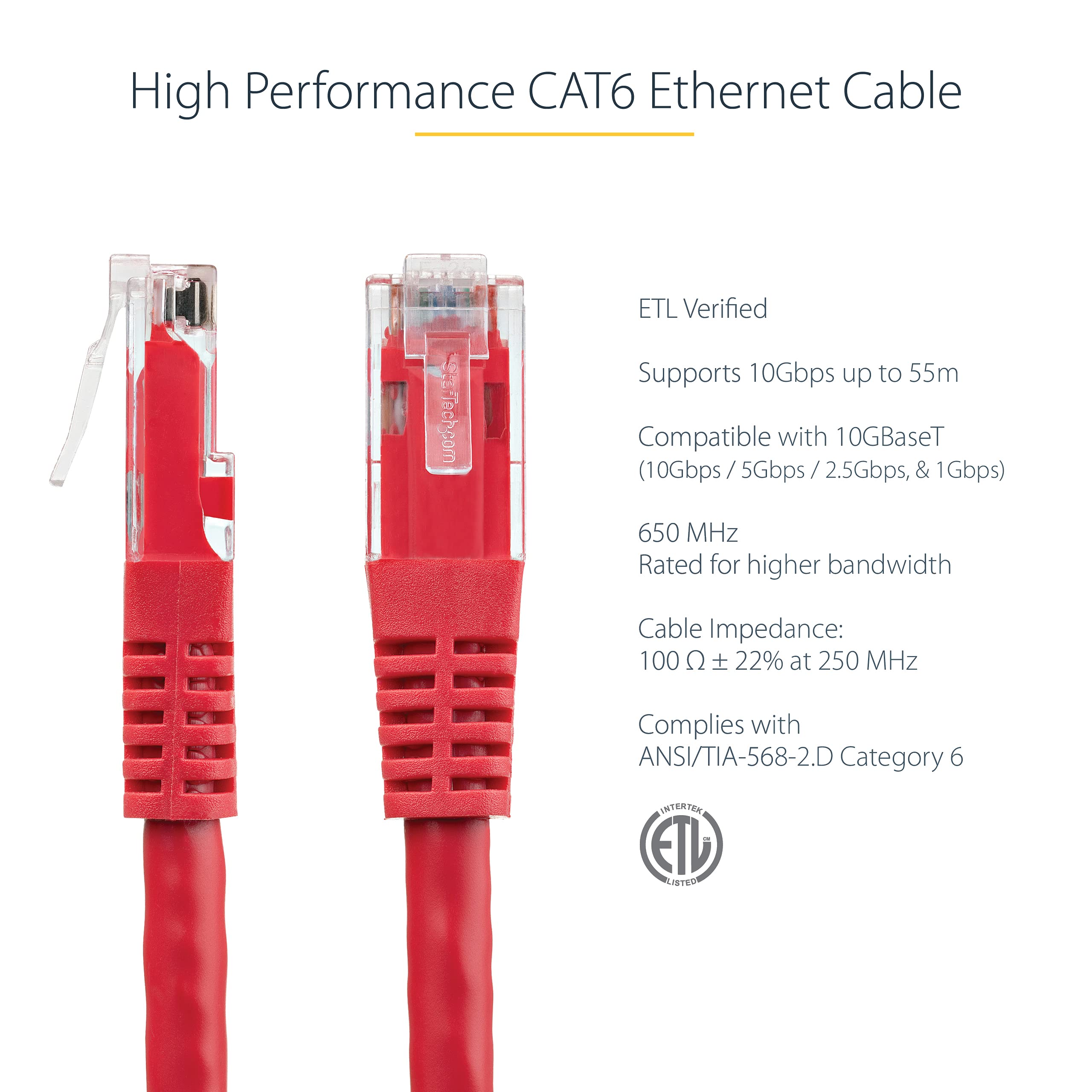 Startech.Com 3Ft Cat6 Ethernet Cable   Red Cat 6 Gigabit Ethernet Wire  650Mhz 100W Poe++ Rj45 Utp Molded Category 6 Network/Pat