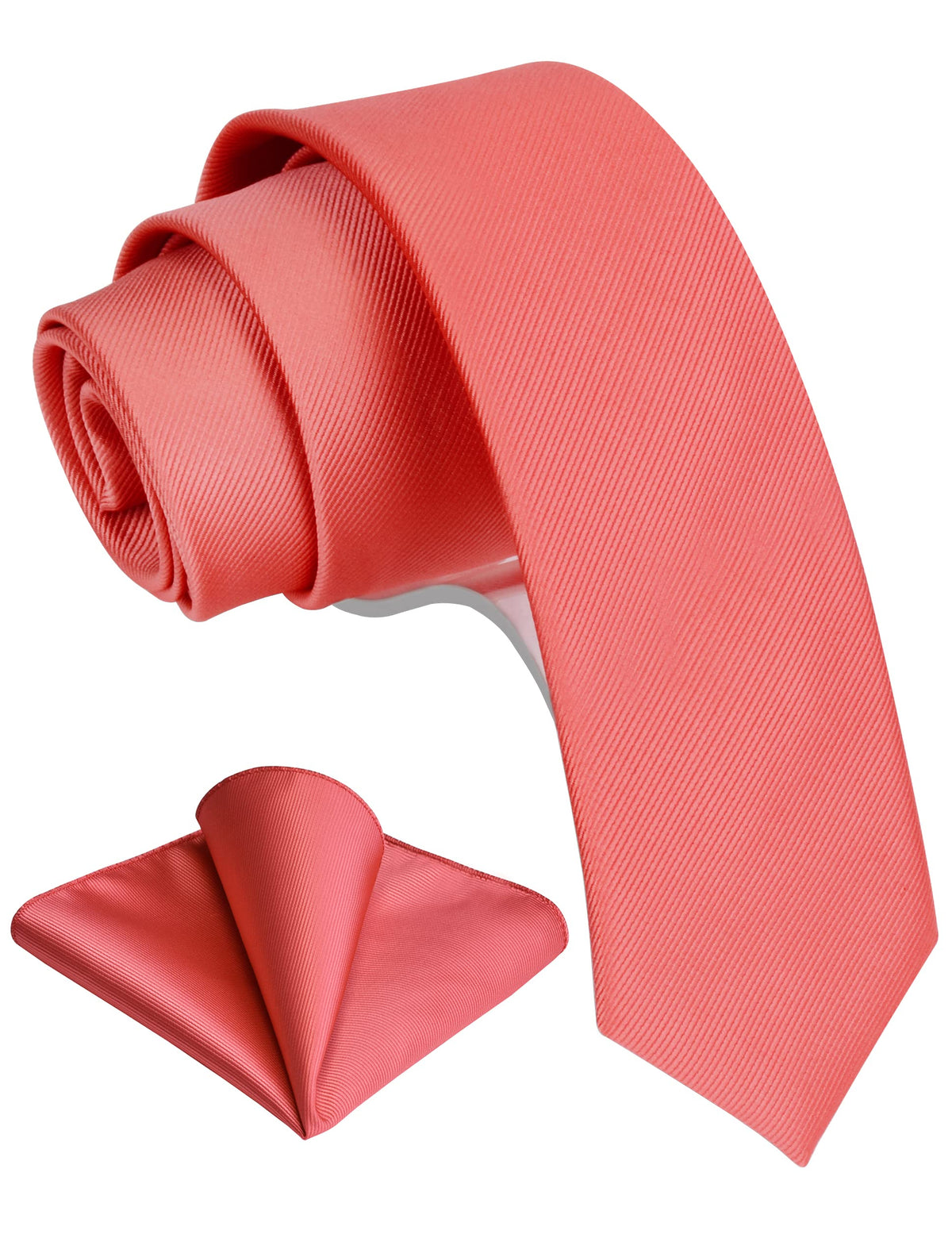 Gusleson Coral Pink Skinny Tie For Men Slim Solid Rose Blush Necktie And Pocket Square Set (0754 16)