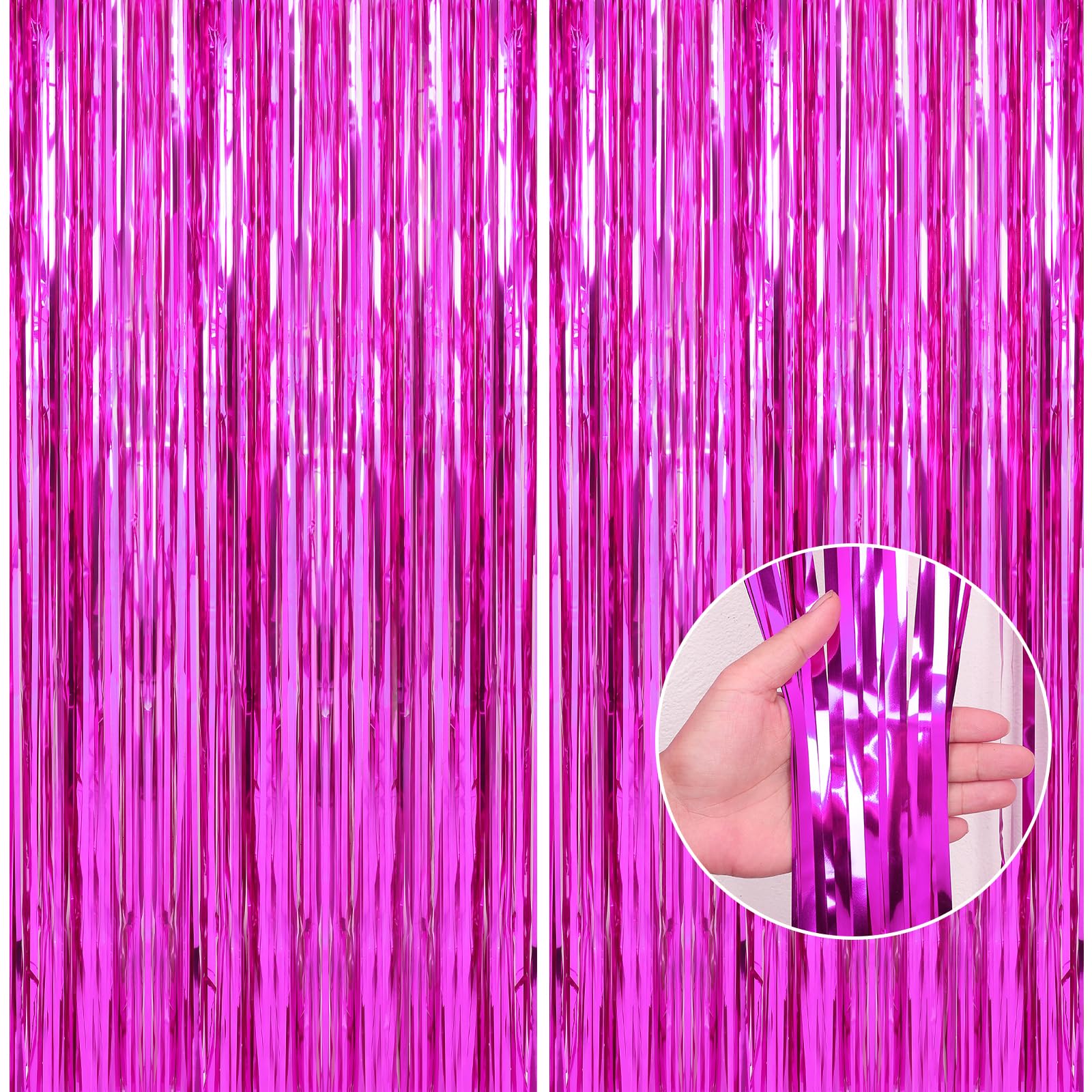 Crosize 2 Pack 3.3 X 9.9 Ft Hot Pink Foil Fringe Backdrop Curtain, Streamer Backdrop Curtains, Streamers Birthday Party Decorati