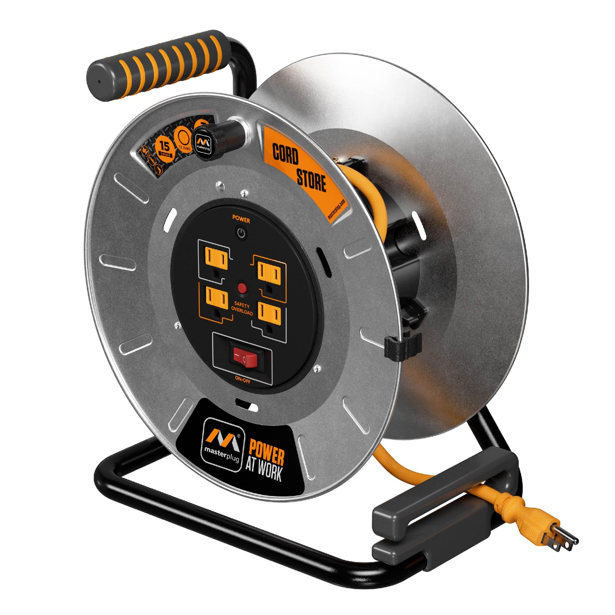 Masterplug 1Ft Cord Reel, Metal Cable Drum, Retractable Extension Lead With Winding Handle, Safety Overload Circuit Breaker And