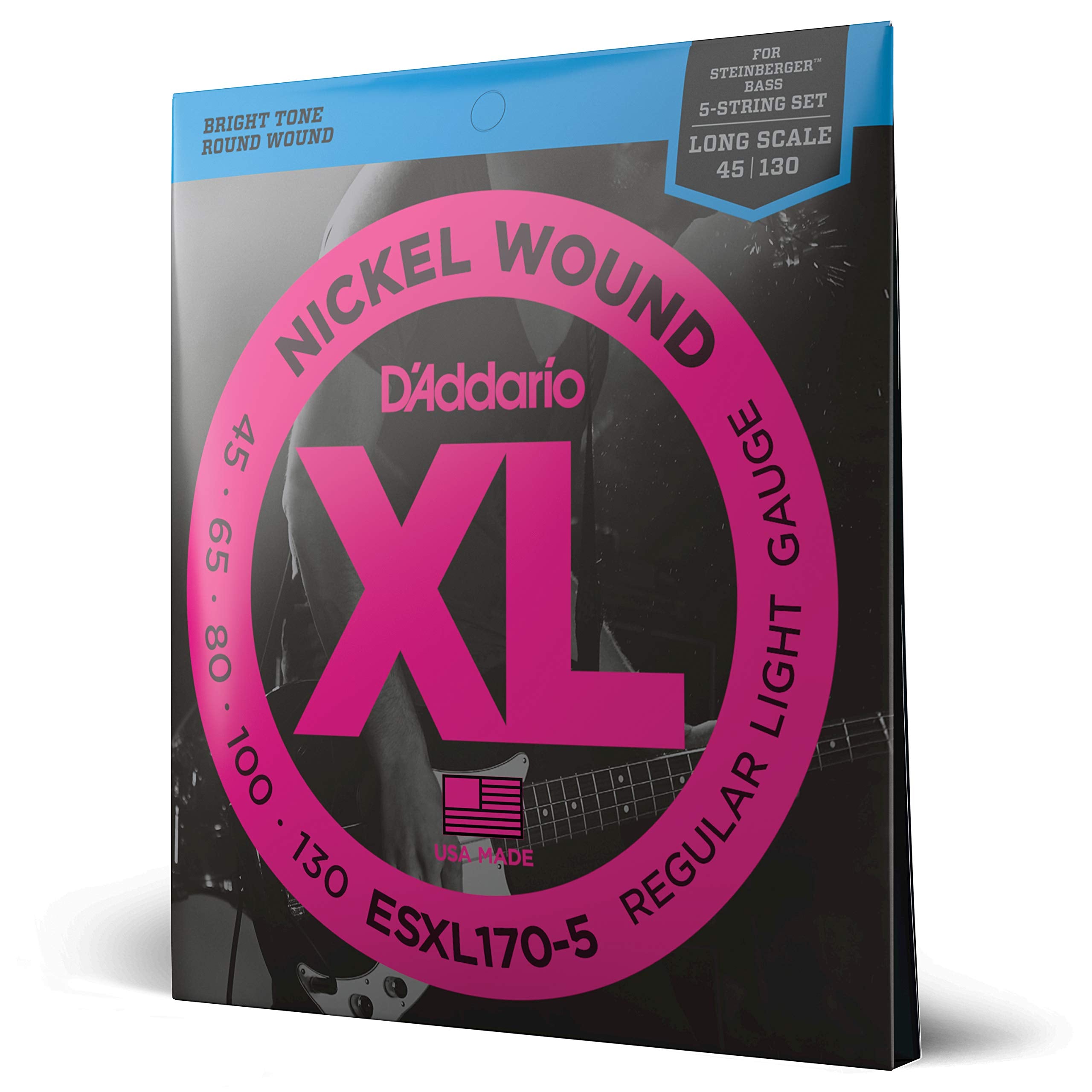 DAddario Electric Bass Guitar Strings, XL Nickel, ESXL170-5, Light Gauge 45-130, Double Ball End, Long Scale, 5-String Set, Pac