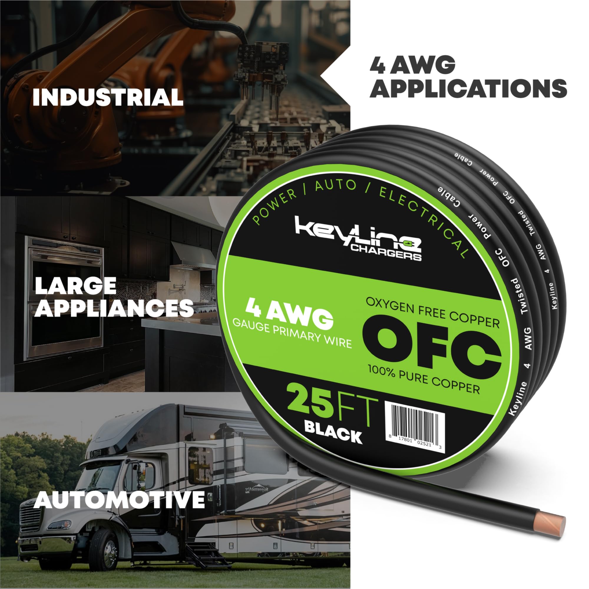 4 Awg Gauge Wire (25Ft) Black | Oxygen Free Copper (Ofc), Automotive Wire, Power/Ground, Battery Cable, True Spec Welding & Auto