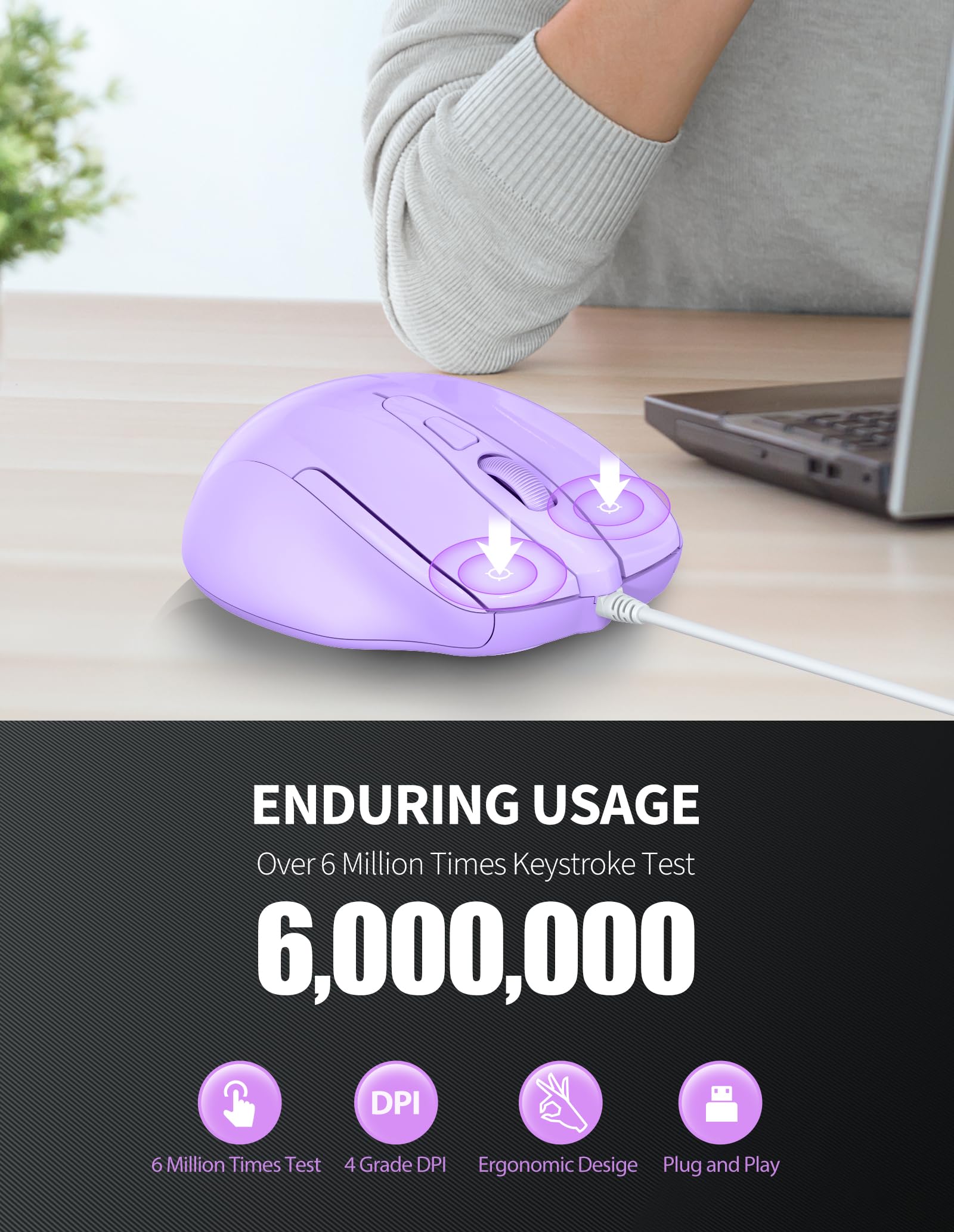 Tecknet Usb Wired Mouse, 6 Button Corded Mouse With 4 Adjustable Dpi, Optical Computer Mouse With Ergonomic Design And 5Ft Cord For Laptop, Chromebook, Pc, Desktop, Mac, Notebook  Lt.Purple