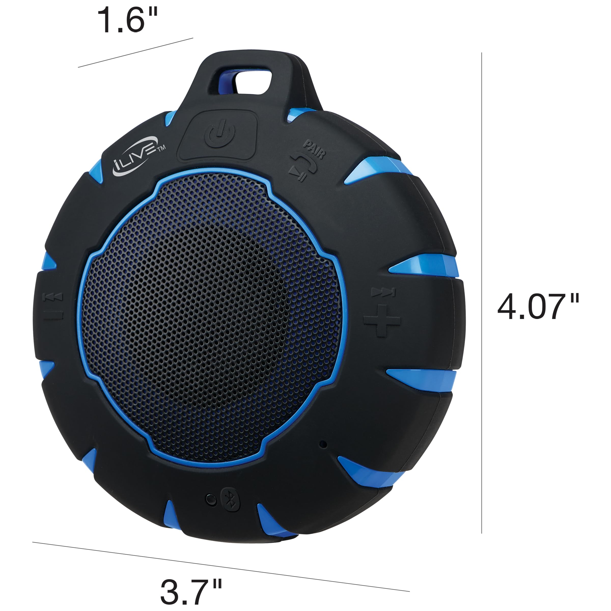 Ilive Waterproof Wireless Speaker, Includes Detachable Carabiner Clip And Micro Usb To Usb Cable, Black/Blue (Isbw157Bu)