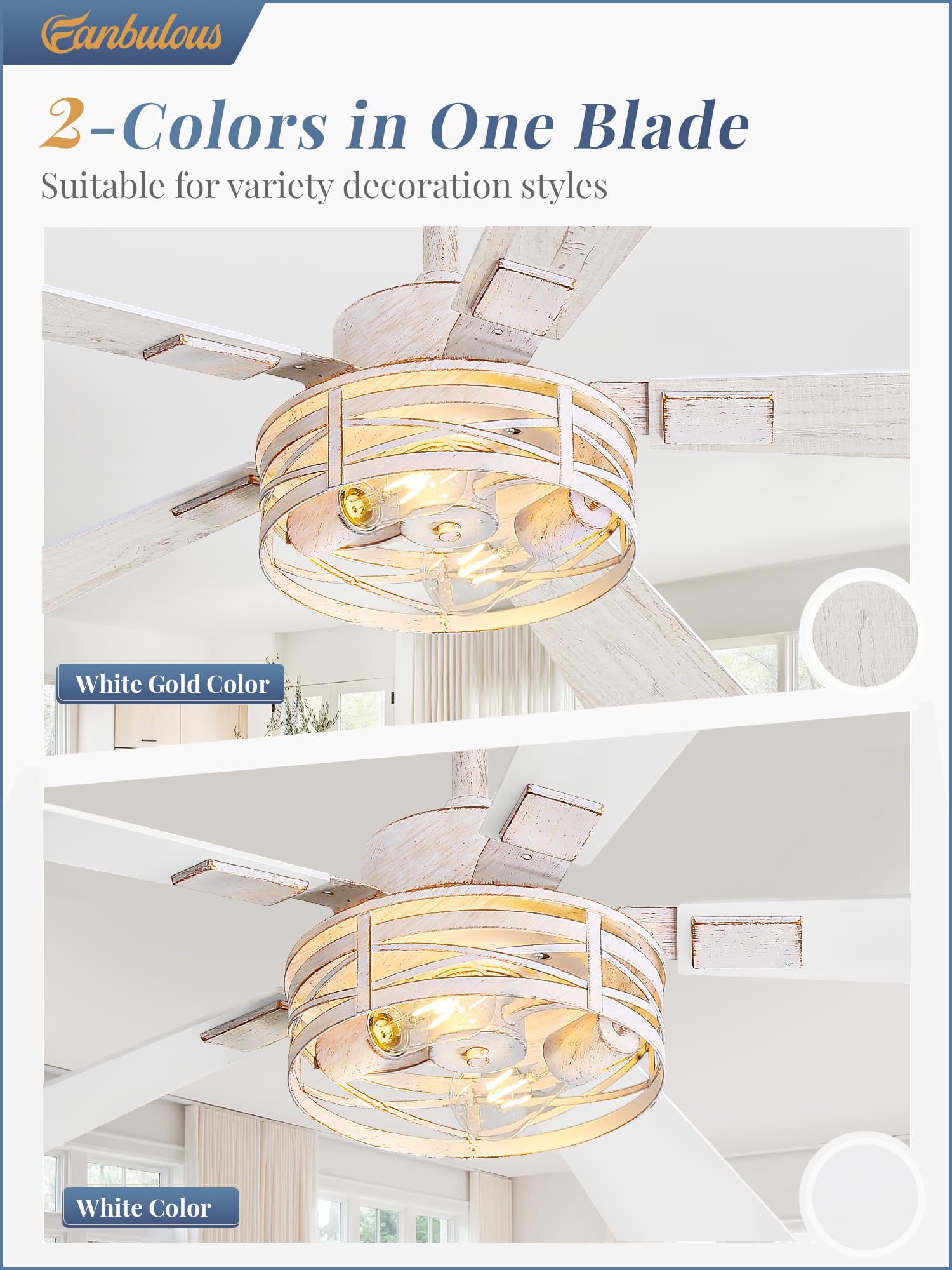 Farmhouse Ceiling Fans With Light, 48 Inch Bedroom Ceiling Fan With Lights, 6 Speed Adjustable, Quiet And Reversible Dc Motor, 5