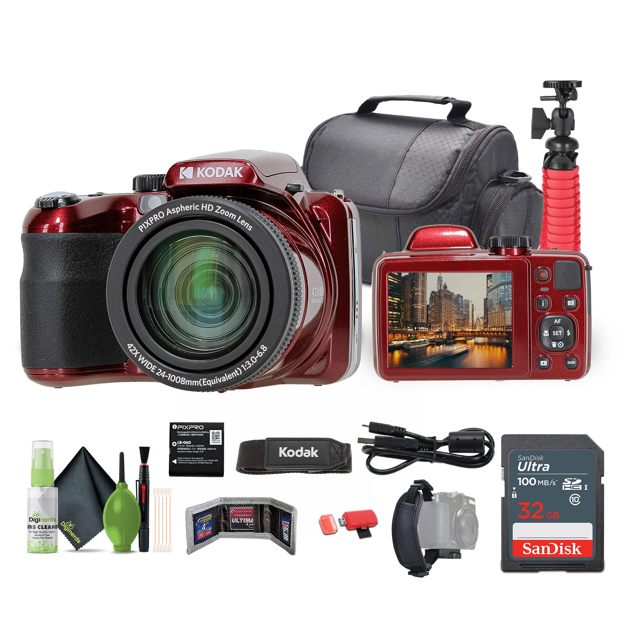 Kodak PIXPRO AZ425 20MP Vlogging Digital Camera (Red) 42X Optical Zoom, 24mm Wide Angle Lens Bundle with 32GB Memory Card + Vlog