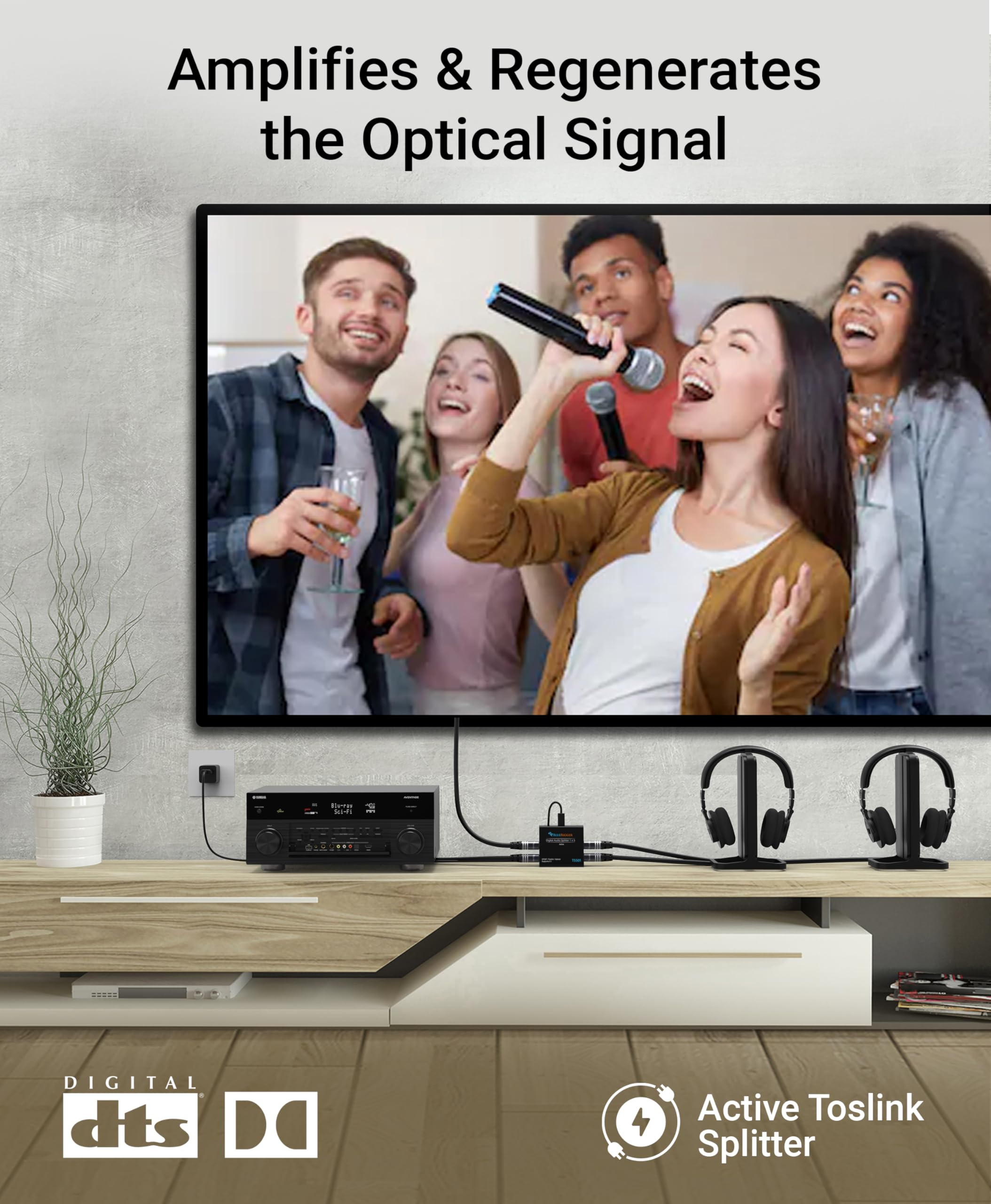 Bluerigger Digital Optical Audio Splitter 1X5 (Active Toslink Splitter 1 In 5 Out, Spdif, Fiber Optic Audio Adapter)   For Home