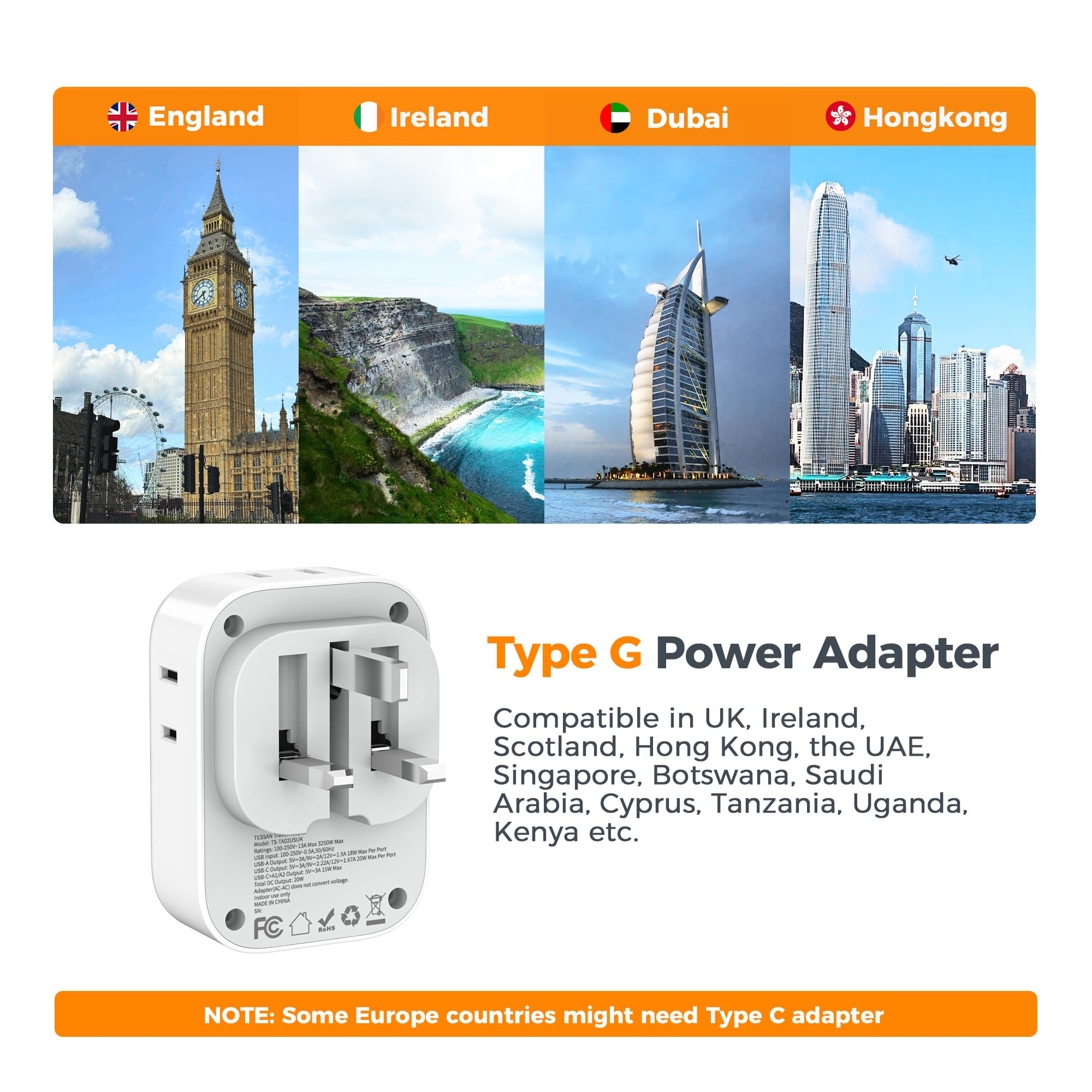 Uk Adapters For Travel, Tessan Us To Uk Travel Plug Adapter, Foldable Power Adaptor With 4 Outlet 3 Usb(1 Usb C Pd 20W), Type G