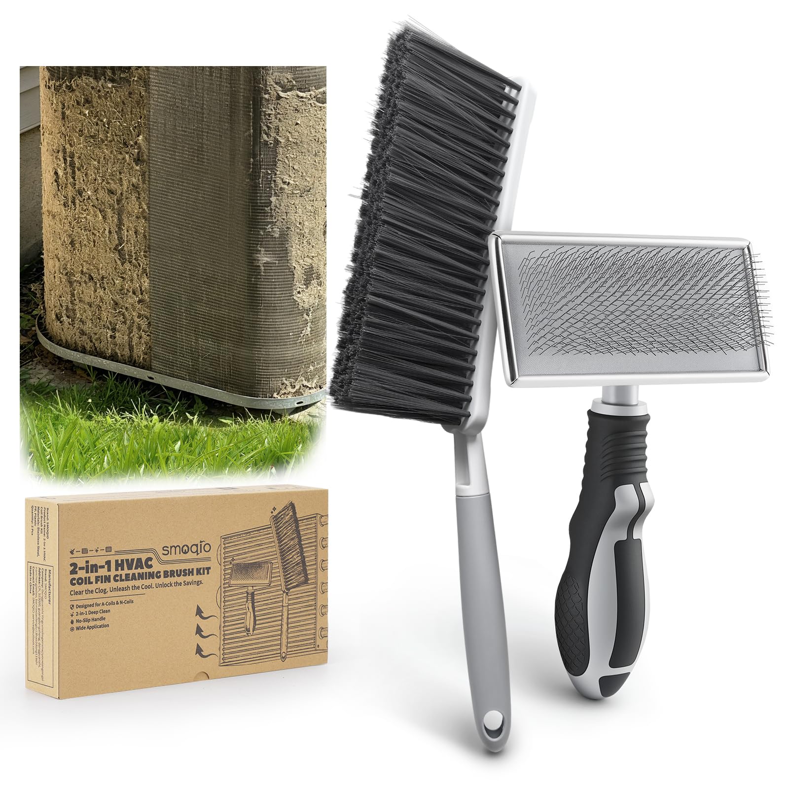 SMOQIO 2 in 1 AC Coil Cleaner Brush Set for Condenser, Evaporator, HVAC