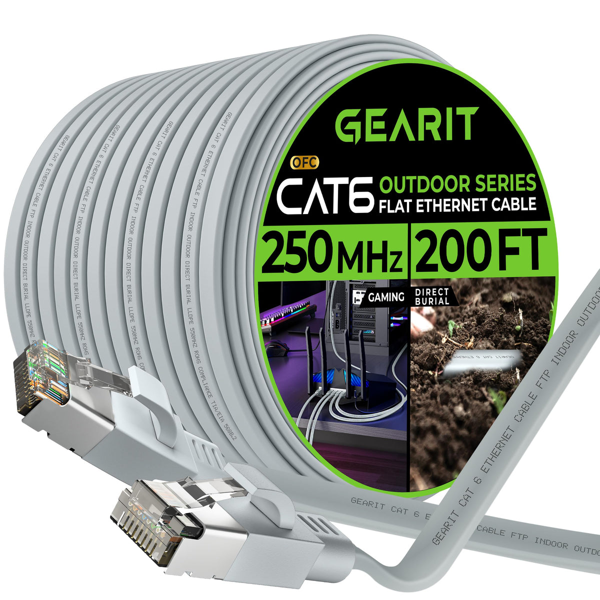 Gearit Cat 6 Outdoor Flat Ethernet Cable (200Ft, Gray) Direct Burial Rated Lldpe Jacket   Indoor Cat6 Shielded Ftp 10Gbps High S