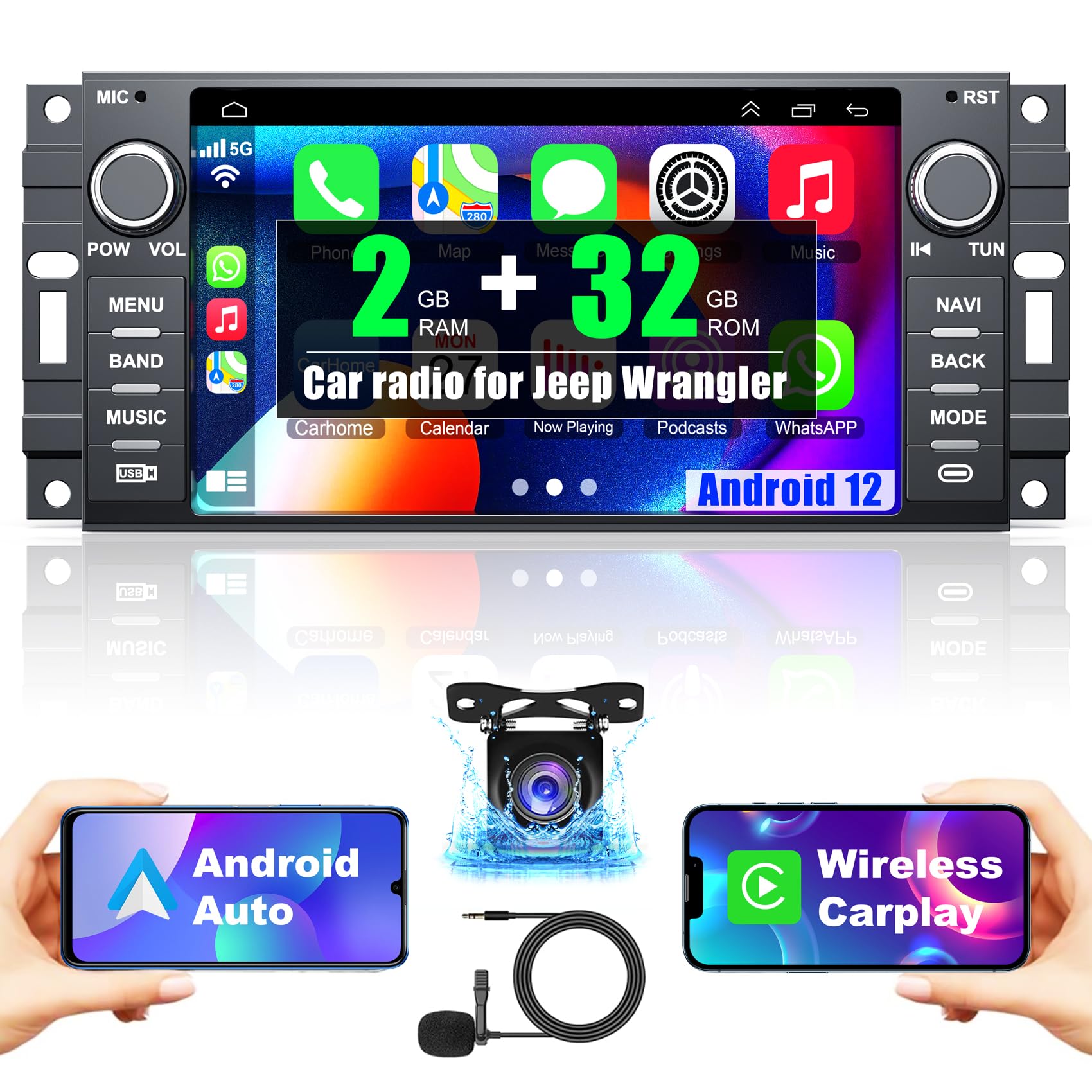 Android 12 Car Radio For Jeep Wrangler Jk Compass Grand Cherokee Dodge Ram Chrylser,7 Inch Touchscreen Car Stereo Support Wirele