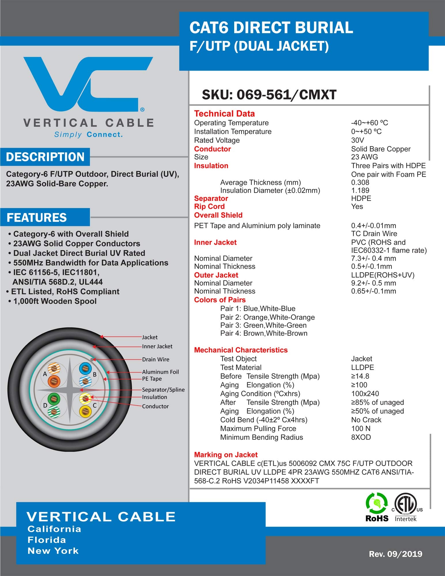 Vertical Cable Cat6, Shielded, Dual Jacket, Direct Burial, 1000Ft, Black, Bulk Ethernet Cable