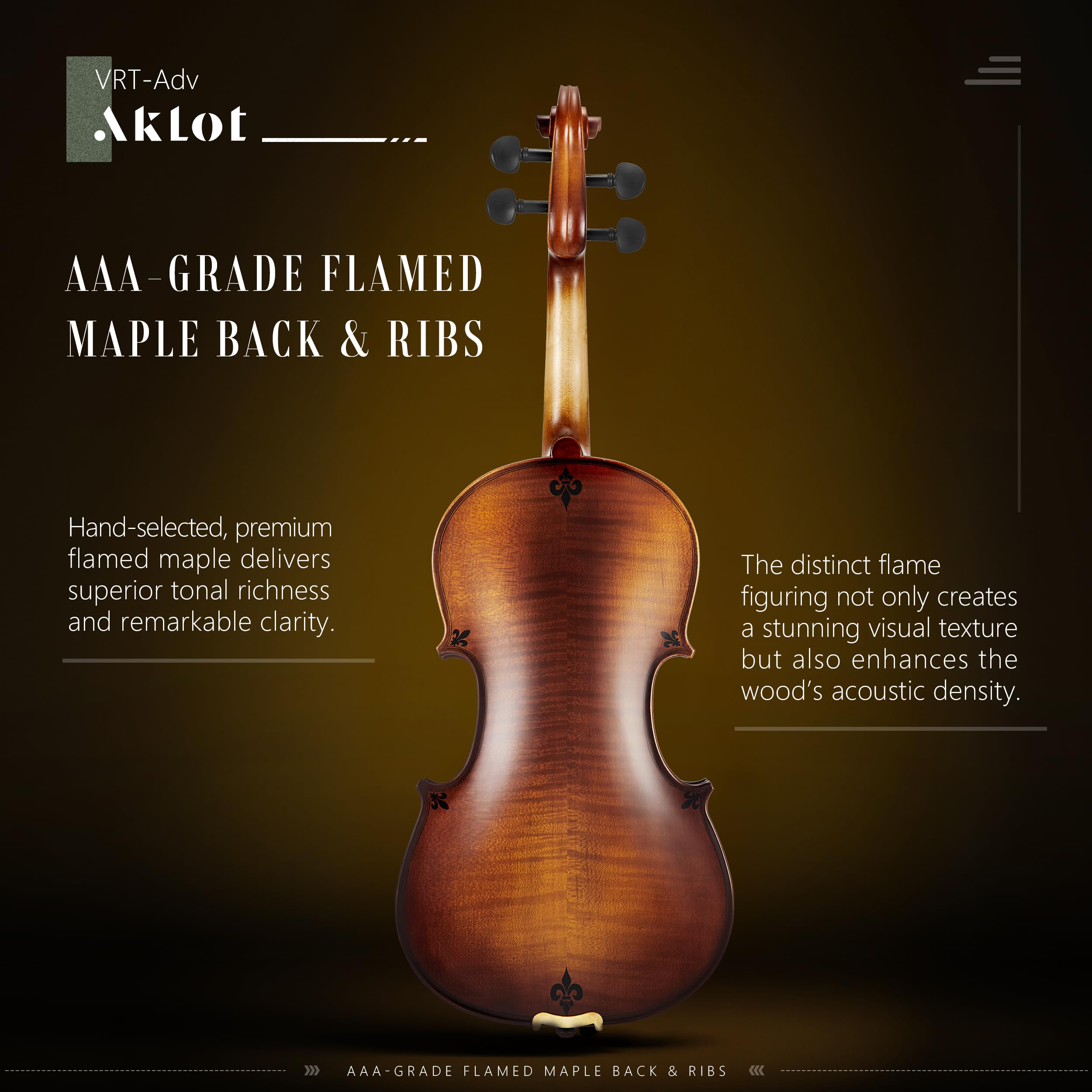 Aklot Handcrafted Flamed Maple Violin: Full Size Fiddle, Acoustic Advanced Violin Kit With Ebony Bow, Solid Wood Shoulder Rest,