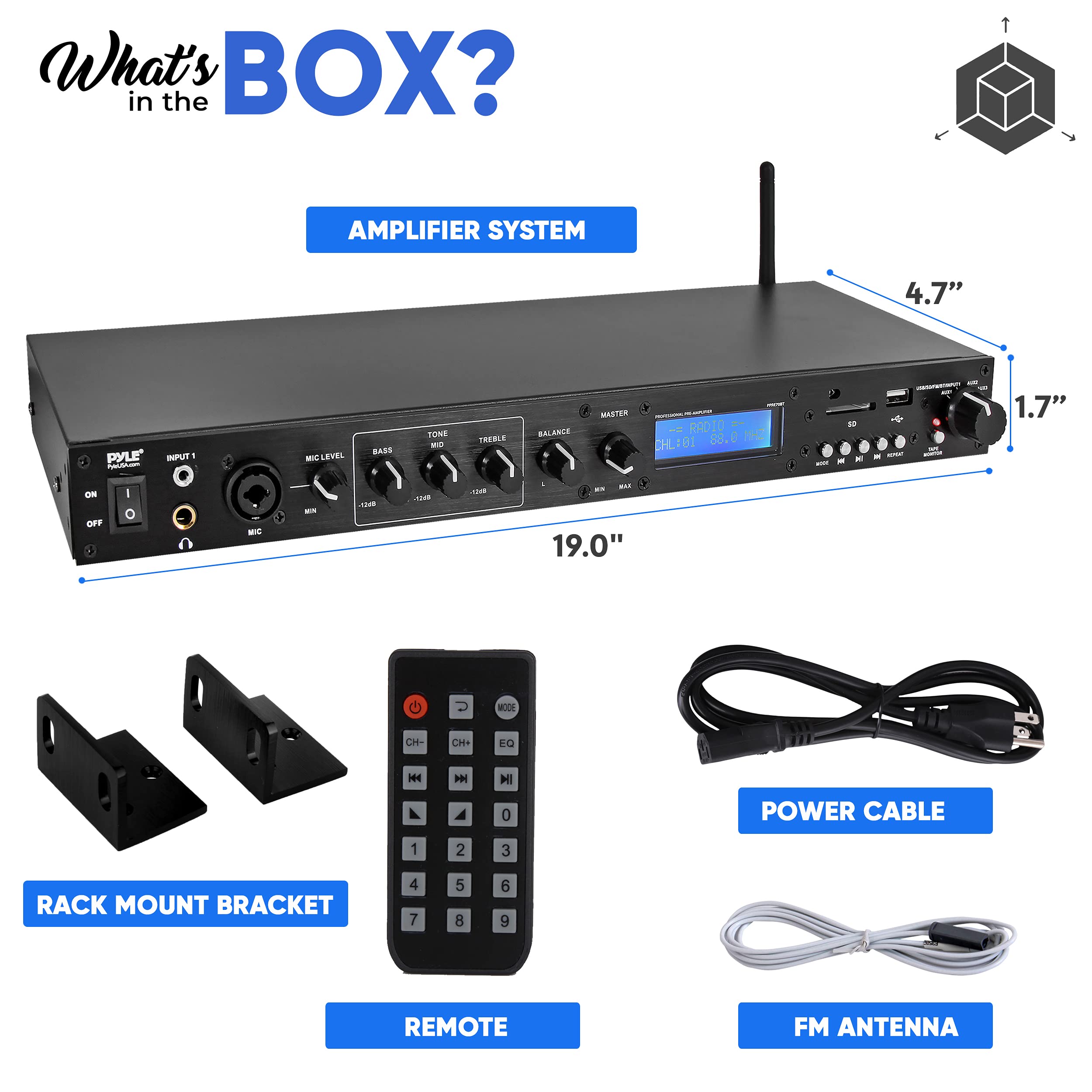 Pyle Rack Mount Studio Pre-Amplifier - Audio Receiver System W/ Digital Lcd Display Bluetooth Fm Radio Recording Mode Remote Con