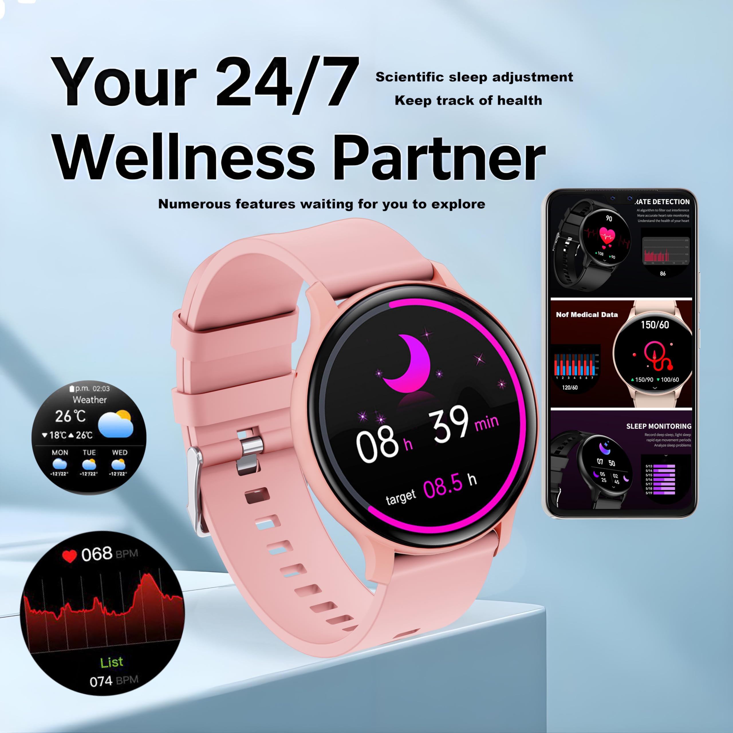 Smart Watch For Women, 1.46 '' 360X360 Hd Touchscreen With 7Day Battery, 128 Sports Modes Fitness Tracker, Heart Rate/Sleep Moni