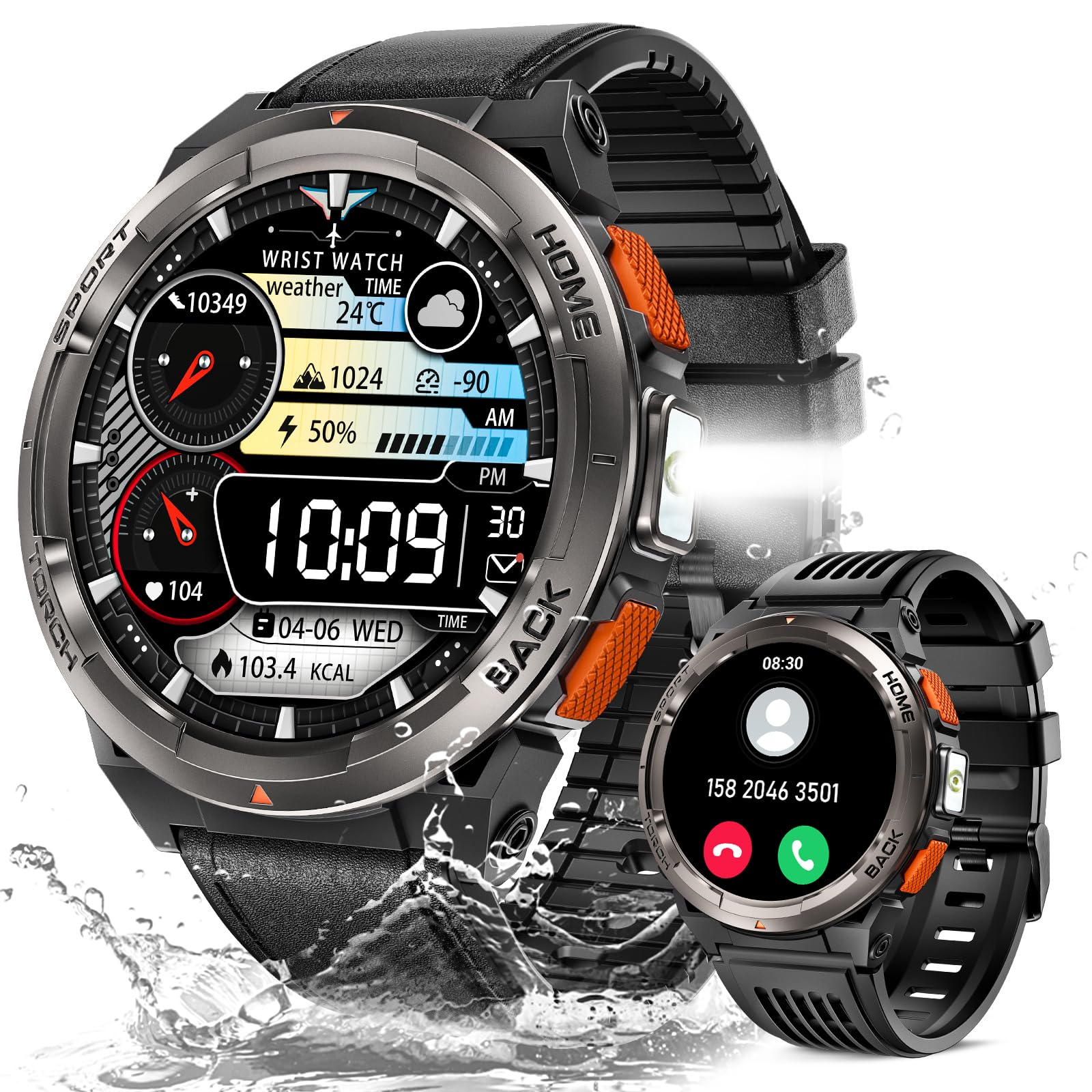 KE5 Military Smart Watch for Men with Flashlight SOS 3ATM Waterproof Watch 530mAh Big Battery 1.45  Rugged Tactical Smartwatch w