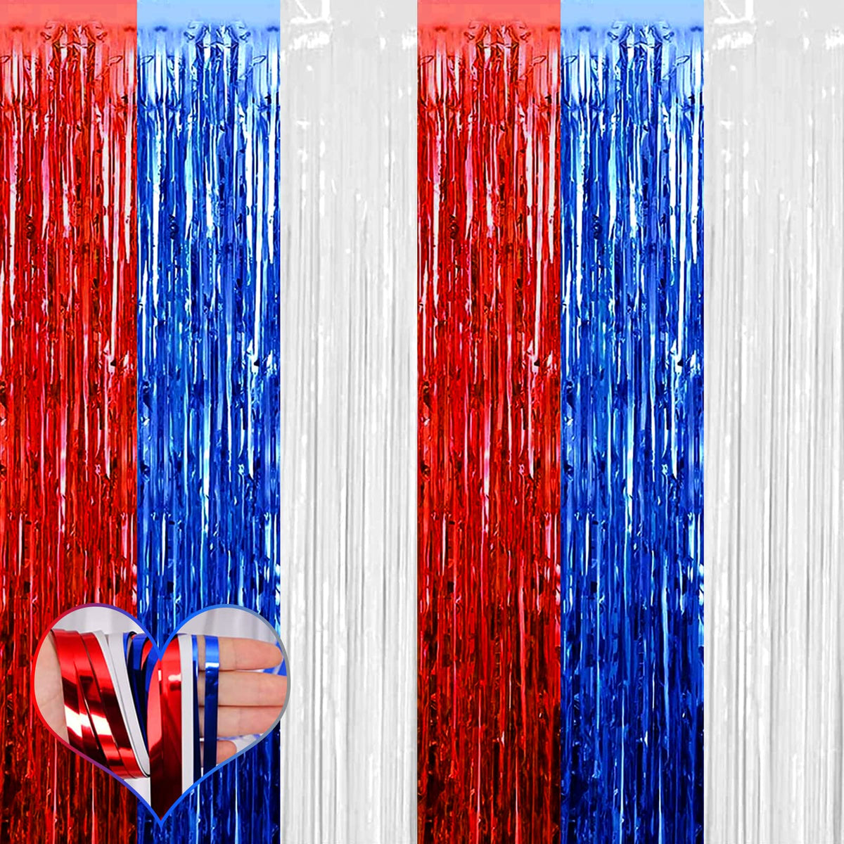 4 Pack 3.2Ft X 9.8Ft Independence Day Fringe Curtain Backdrop, Red Blue White Metallic Tinsel Foil Fringe Streamers Curtains Bac