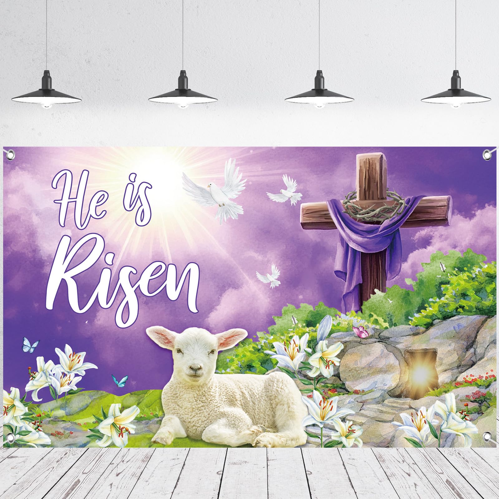 Moukeren Easter Banners for Church, He Is Risen Backdrop Decoration 6 x 3.6 ft Jesus Cross Christian Photography Background for 