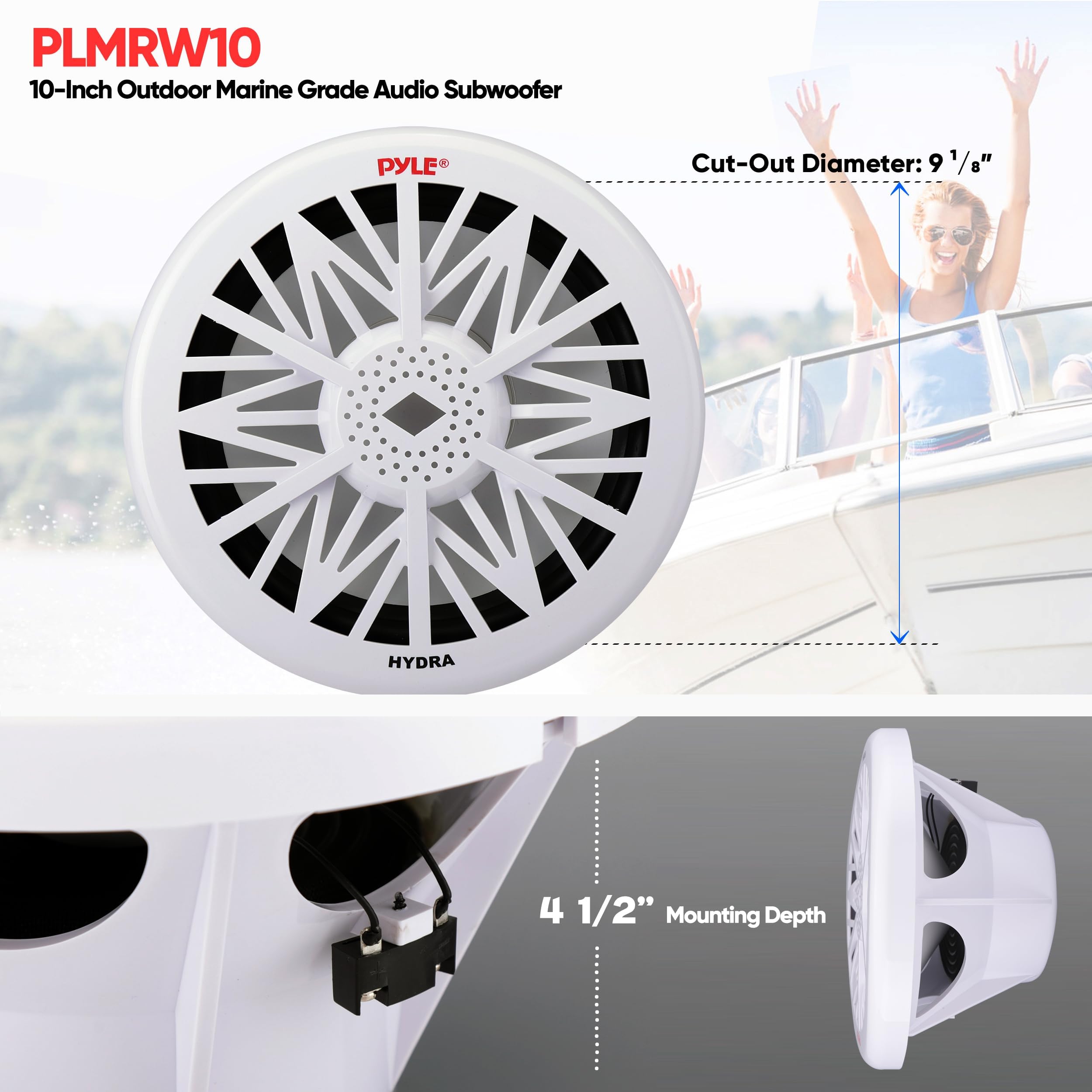 Pyle 10 Inch Outdoor Marine Audio Subwoofer   500 Watt Single White Waterproof Bass Loud Speaker For Marine Stereo Sound System,