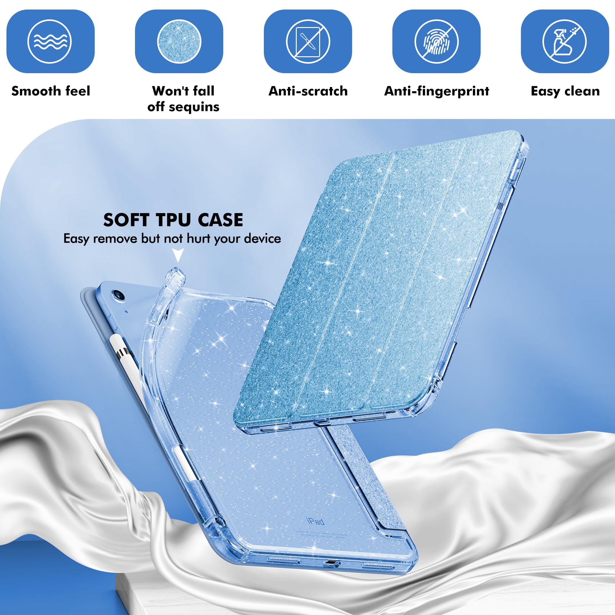 Infiland Compatible With Ipad 10Th Generation Case, Ipad Case 10Th Generation 10.9 Inch, Glitter Leather Cover With Sparkly Crystal Clear Back, Pencil Holder, Anti Yellowing, Blue