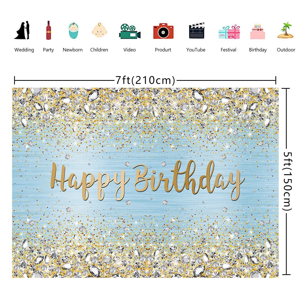 Wda Blue Happy Birthday Backdrop Golden Diamond Shiny Bokeh Photography Background Sweet Girl Party Photo Decoration Banner Dess
