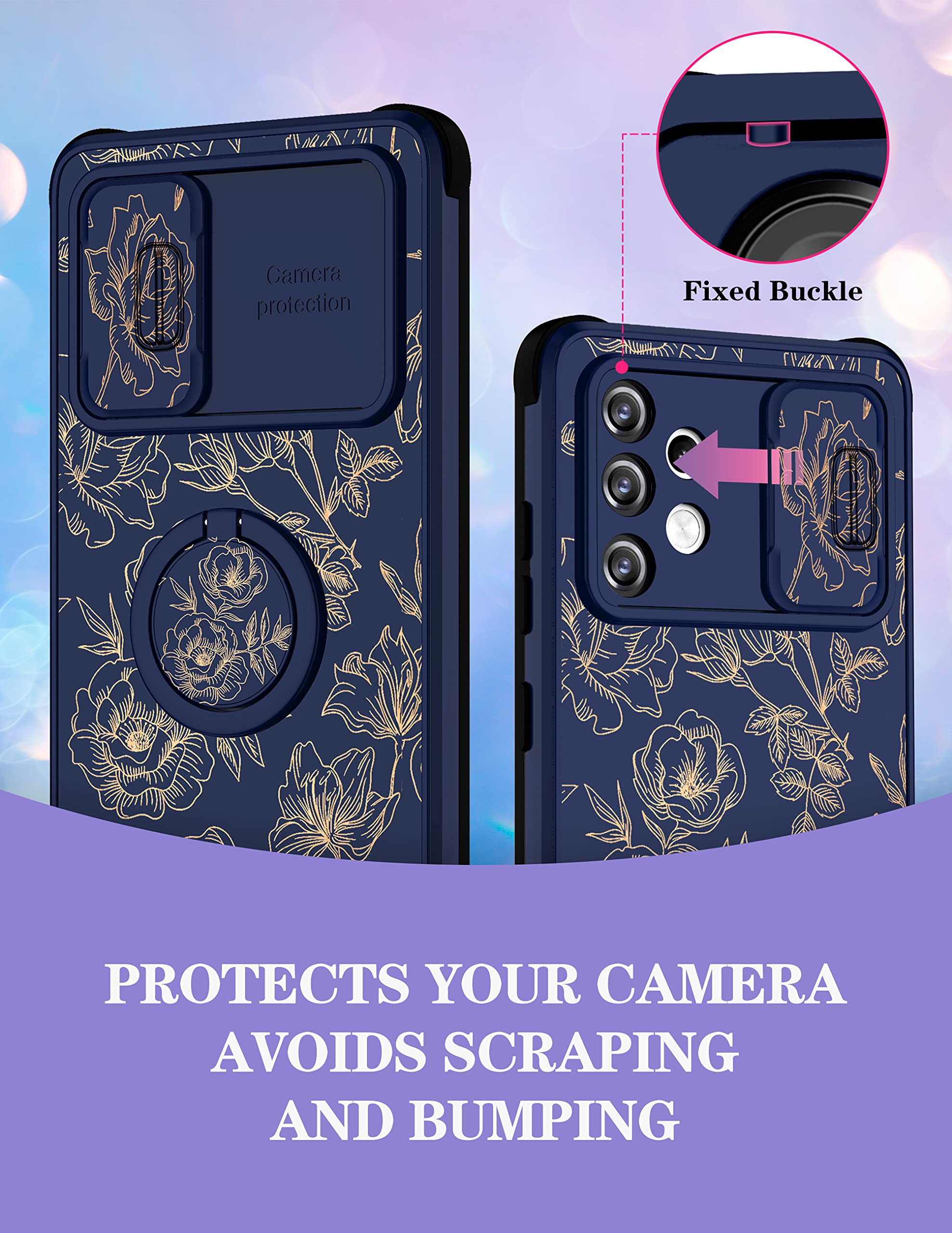 Goocrux (2In1 For Samsung Galaxy A32 5G Case Floral Flowers For Women Girls Girly Phone Cover Cute Gold Plants Pattern Design Wi